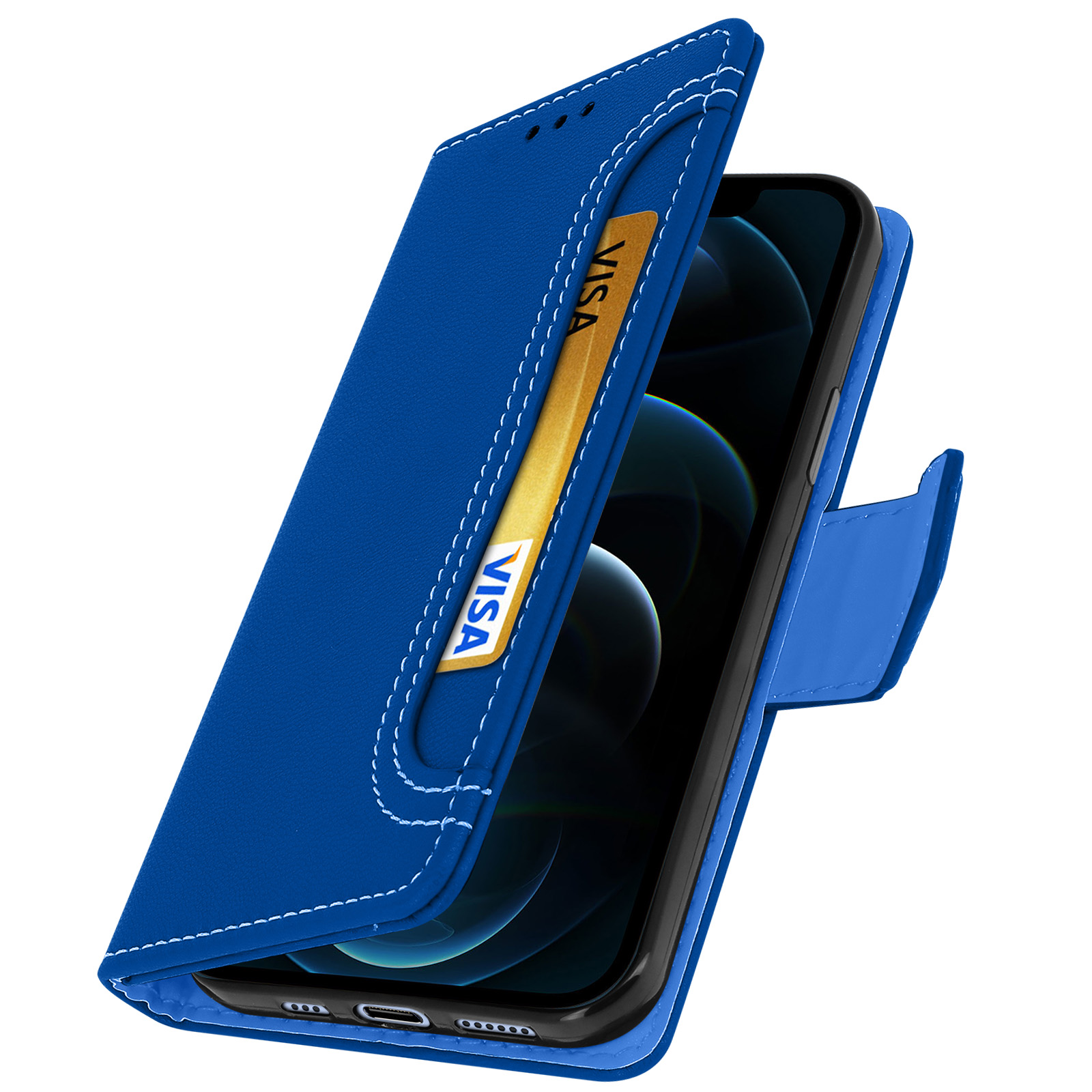 Blauwe telefoonhoes met open klep. Een gouden Visa-kaart in de sleuf. Een telefoon is zichtbaar.