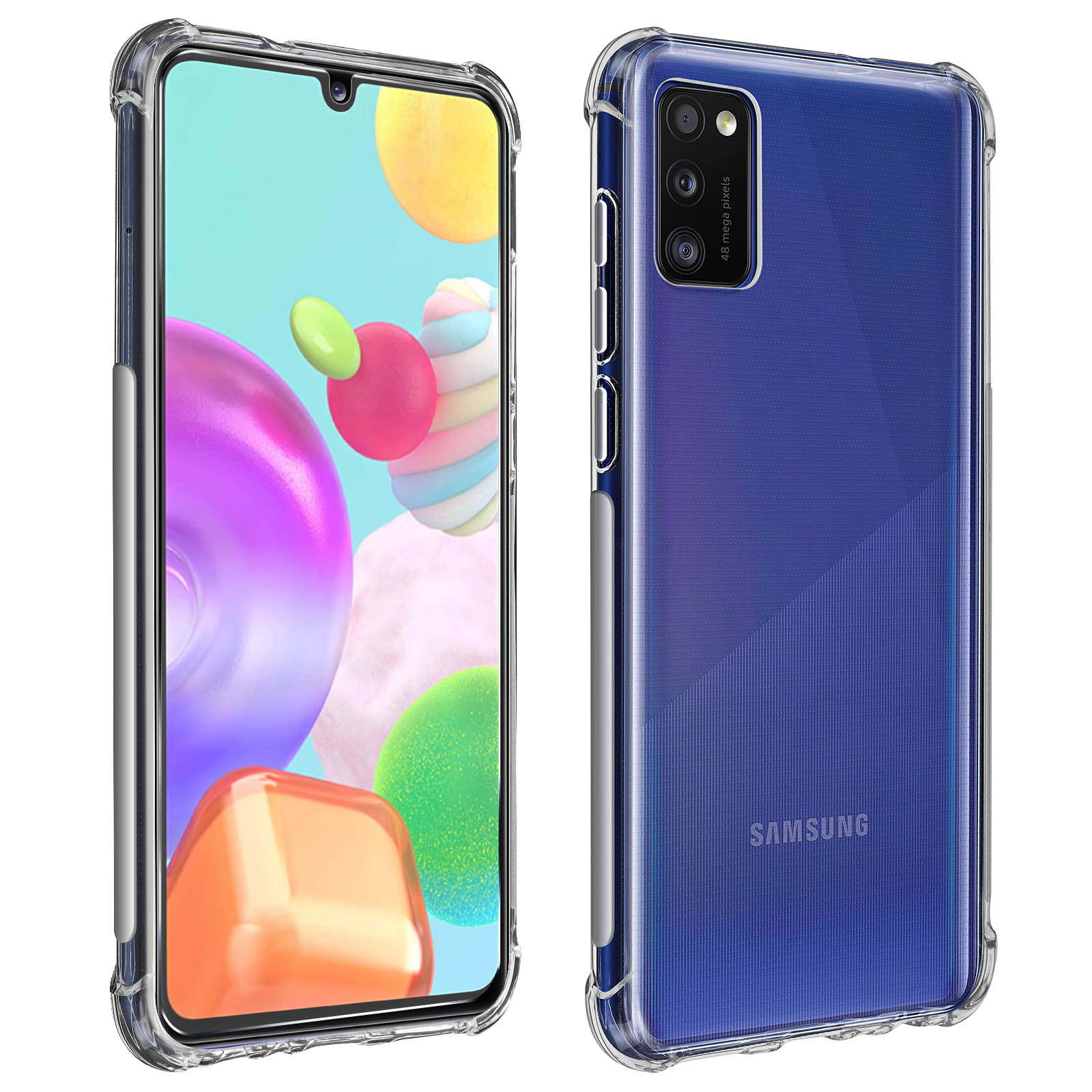 Custodia trasparente per telefono su un telefono con sfondo colorato. Il telefono è blu.