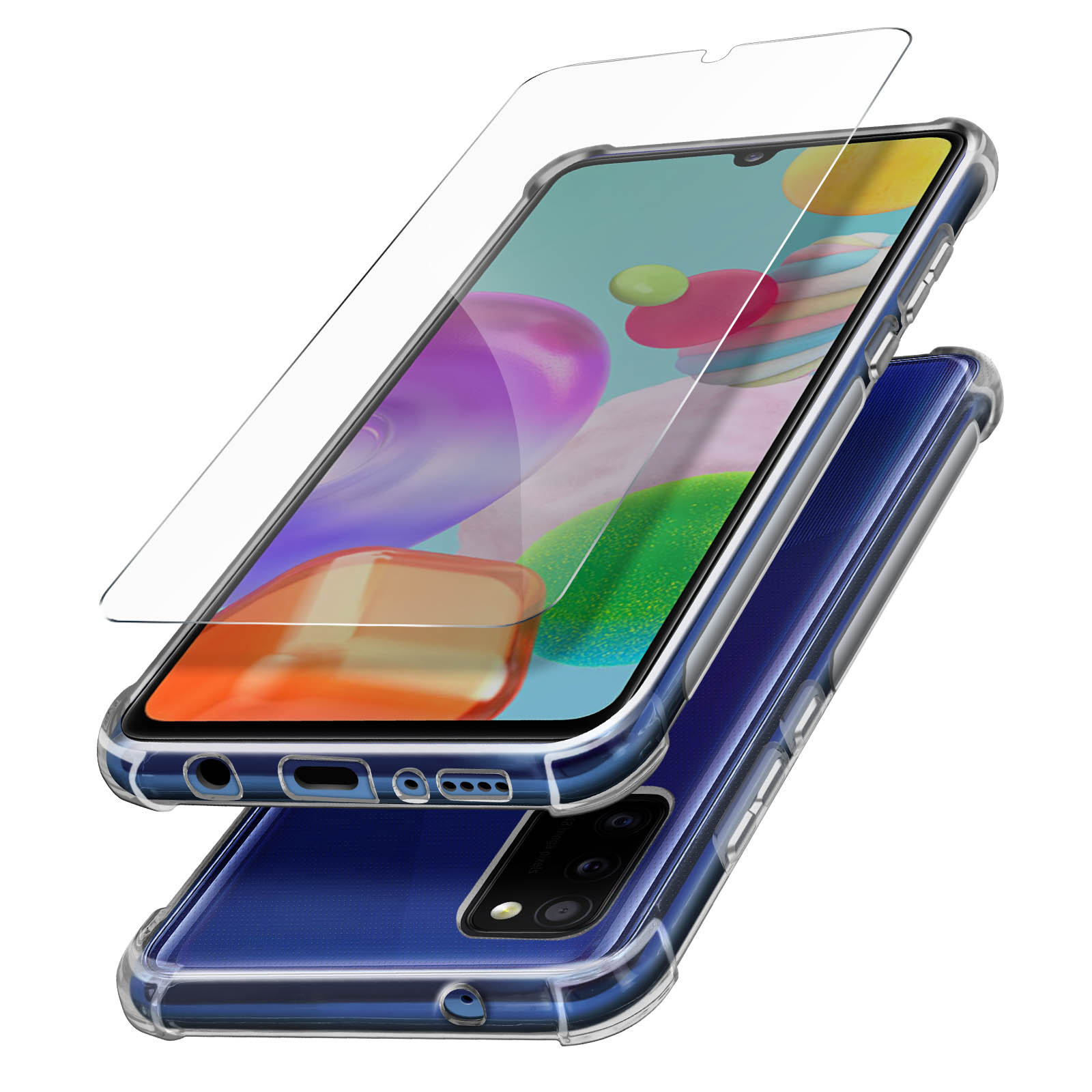 Un telefono con protezione schermo e custodia. Il telefono è blu, la custodia è trasparente.