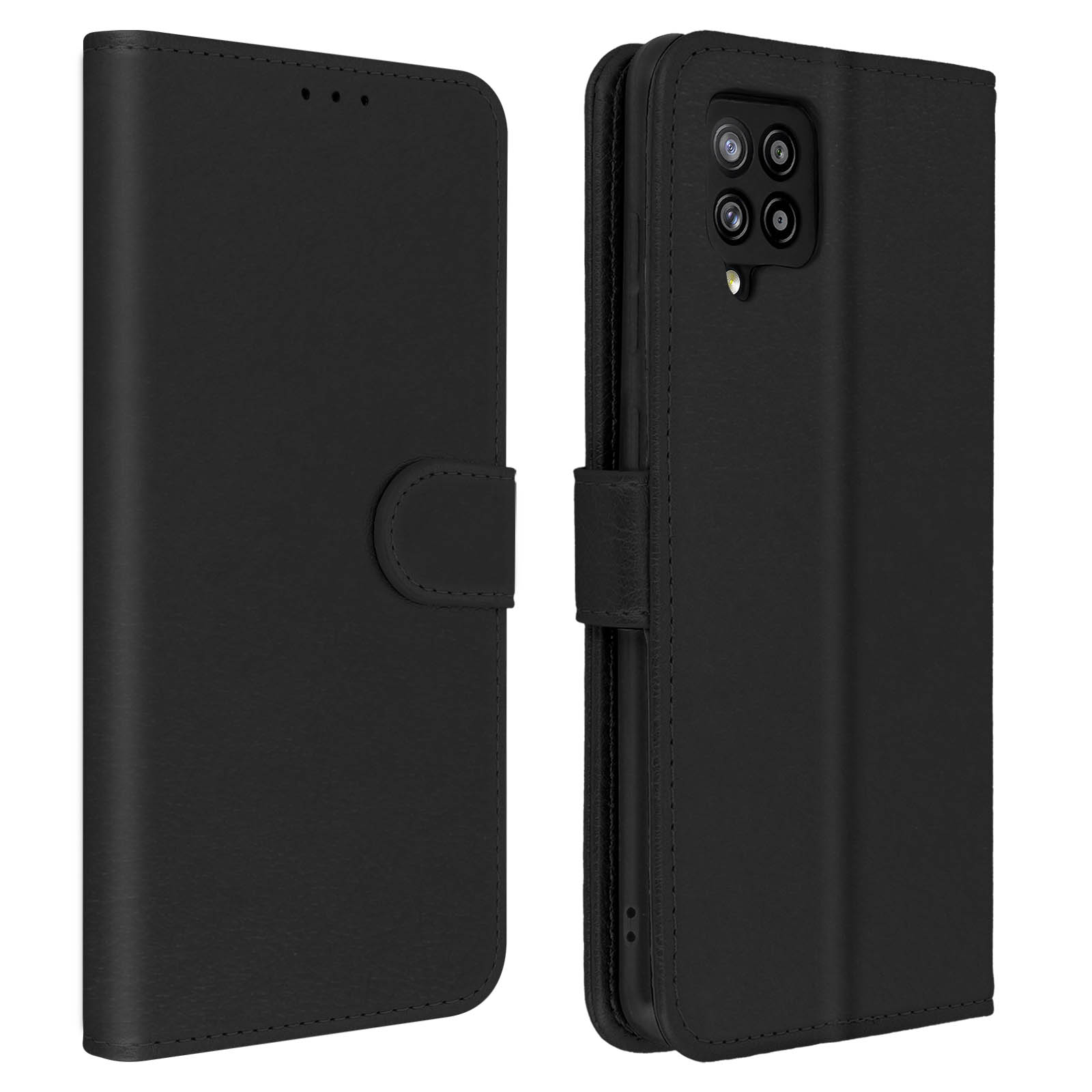 Étui de téléphone en cuir noir, vue fermée et ouverte. Fermeture magnétique et découpes caméra.
