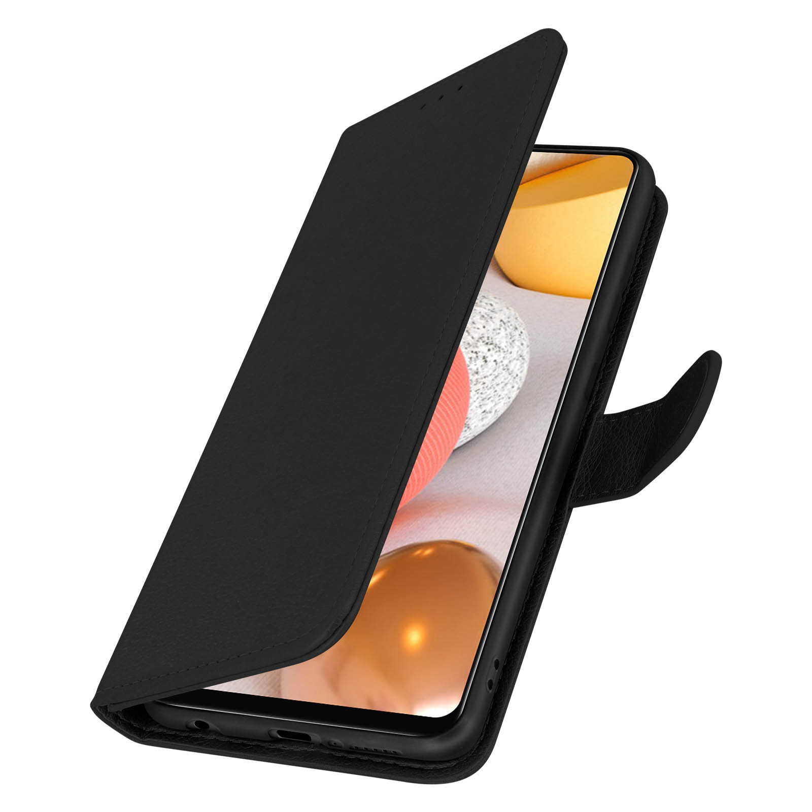 Une coque de téléphone noire avec un téléphone noir à l'intérieur. La coque est ouverte, révélant des cartes. Fond blanc.