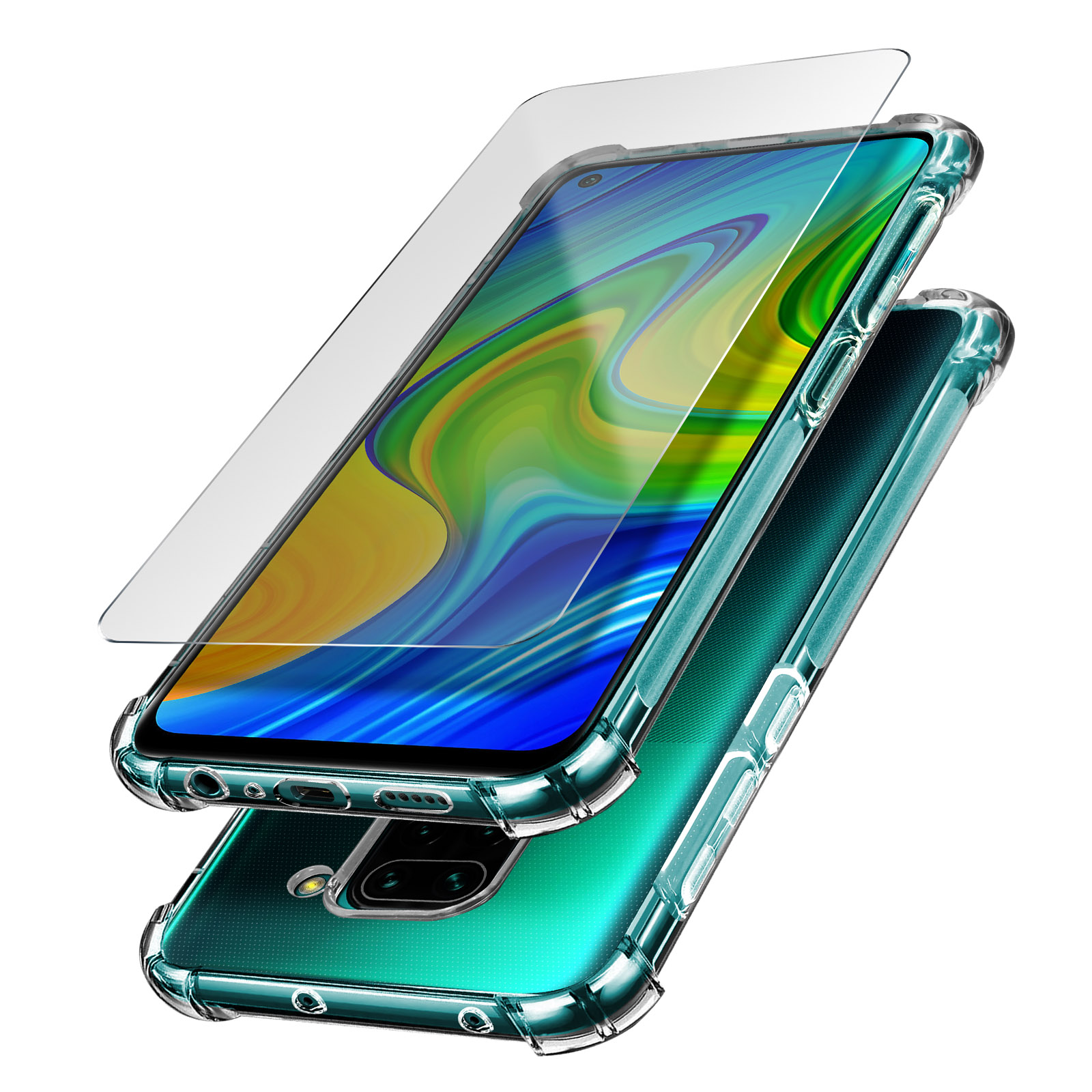Un telefono con protezione schermo e custodia. Il telefono è verde. Sfondo bianco.