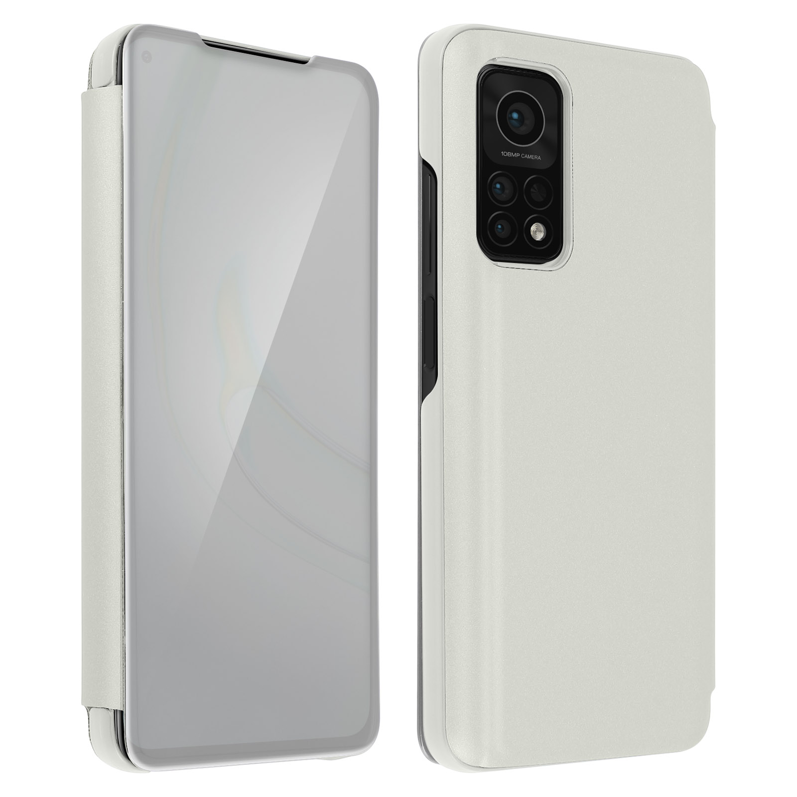Telefono bianco con cover a ribalta aperta, che mostra lo schermo. Custodia bianca a destra. Sfondo bianco.