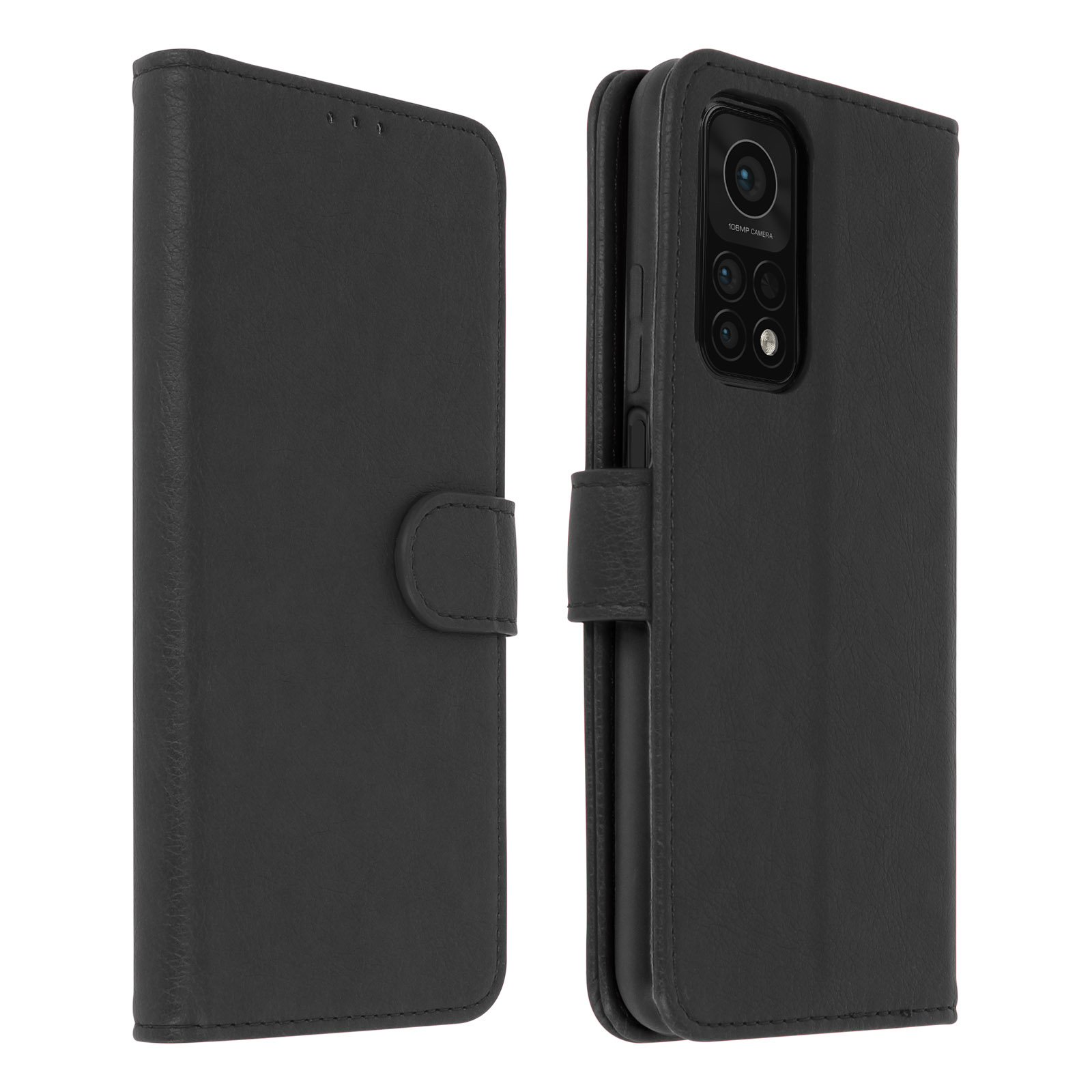 Custodia per telefono nera. Chiusa a sinistra, aperta a destra. Il telefono ha fotocamere. Pelle nera.