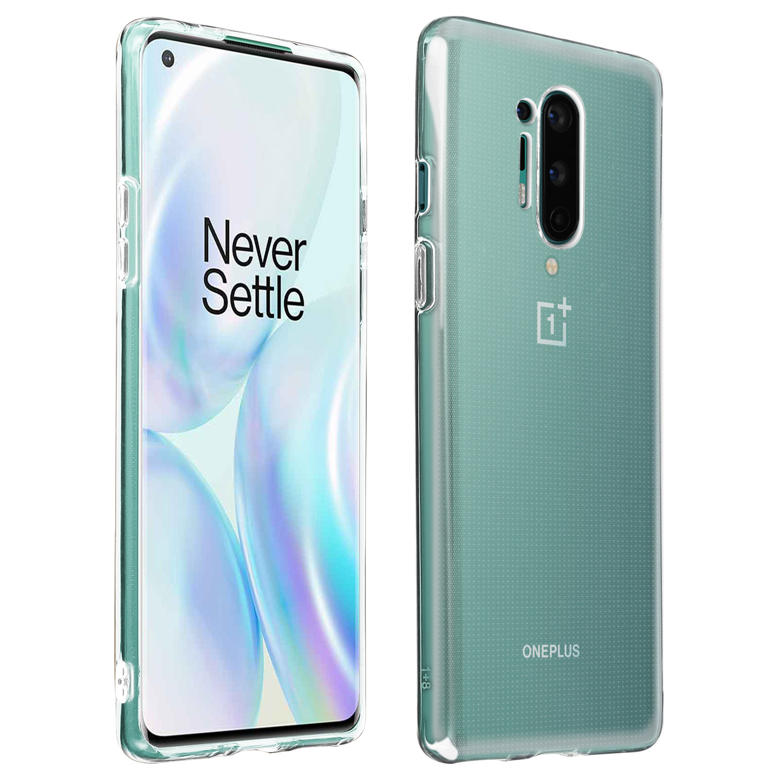 Custodia trasparente su un telefono. Lo schermo dice Never Settle.