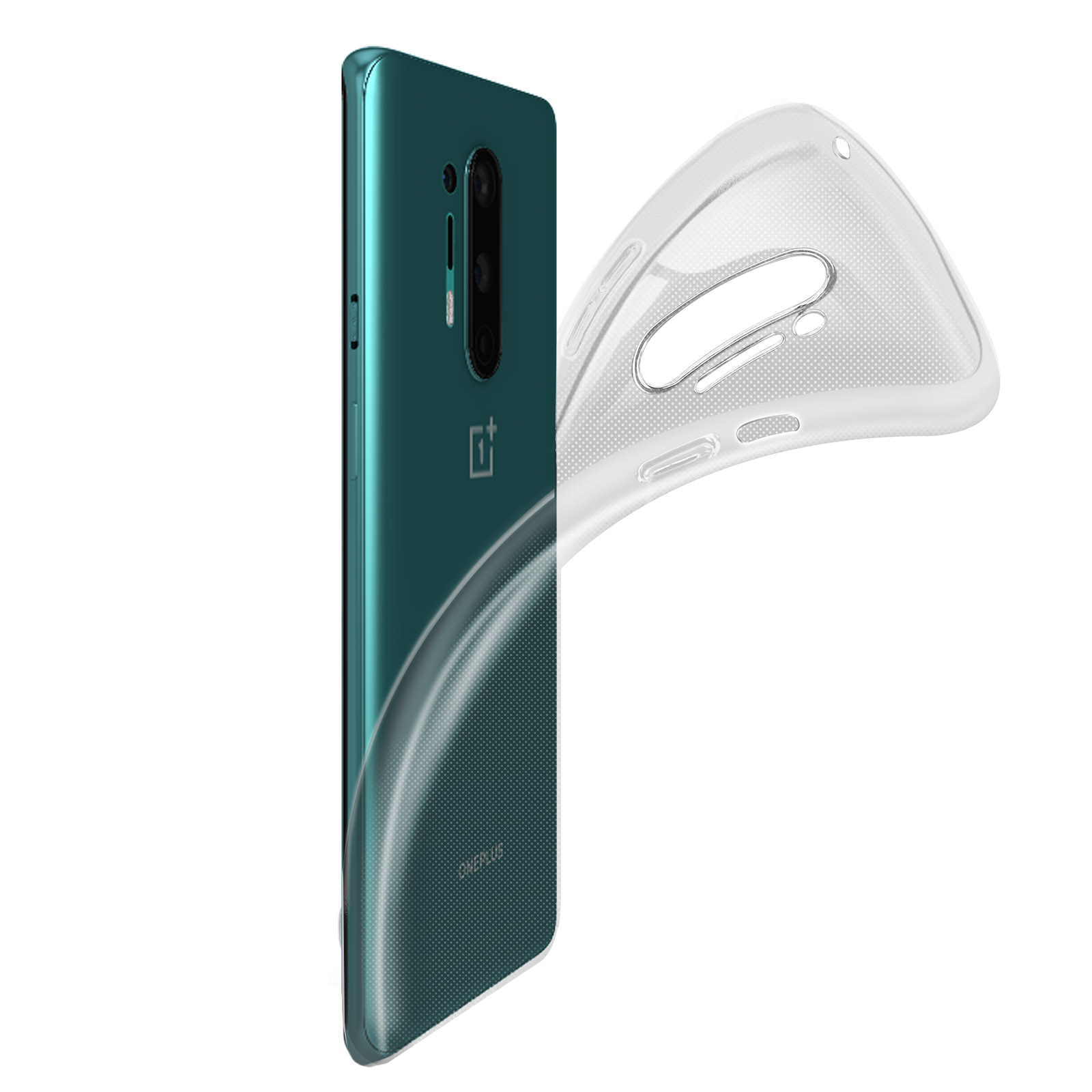Un telefono verde acqua con custodia trasparente su sfondo bianco. La custodia è staccata e angolata.