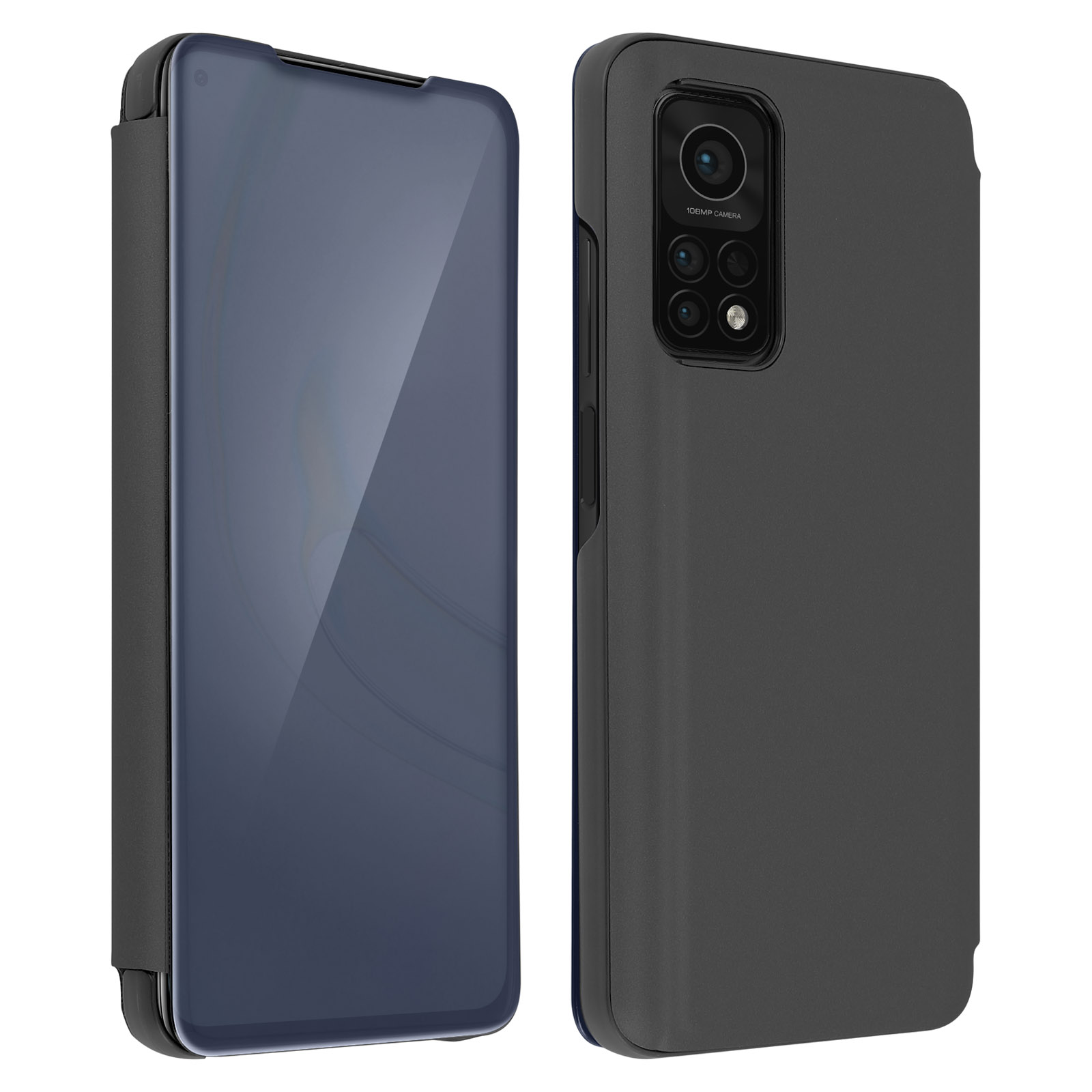 Custodia nera per telefono con cover a ribalta. La cover è chiusa. Il telefono è grigio scuro.