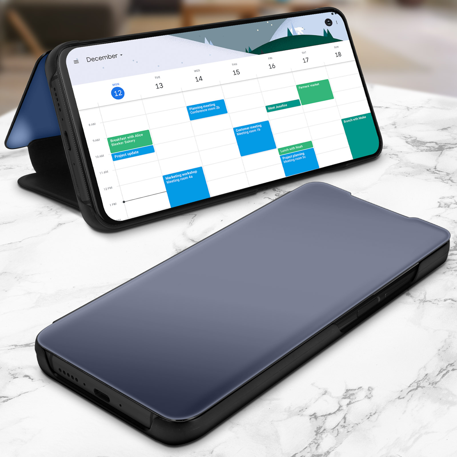 Custodia per telefono che mostra un calendario. Il telefono è aperto, mostrando gli appuntamenti di dicembre. Sotto c'è una custodia chiusa.