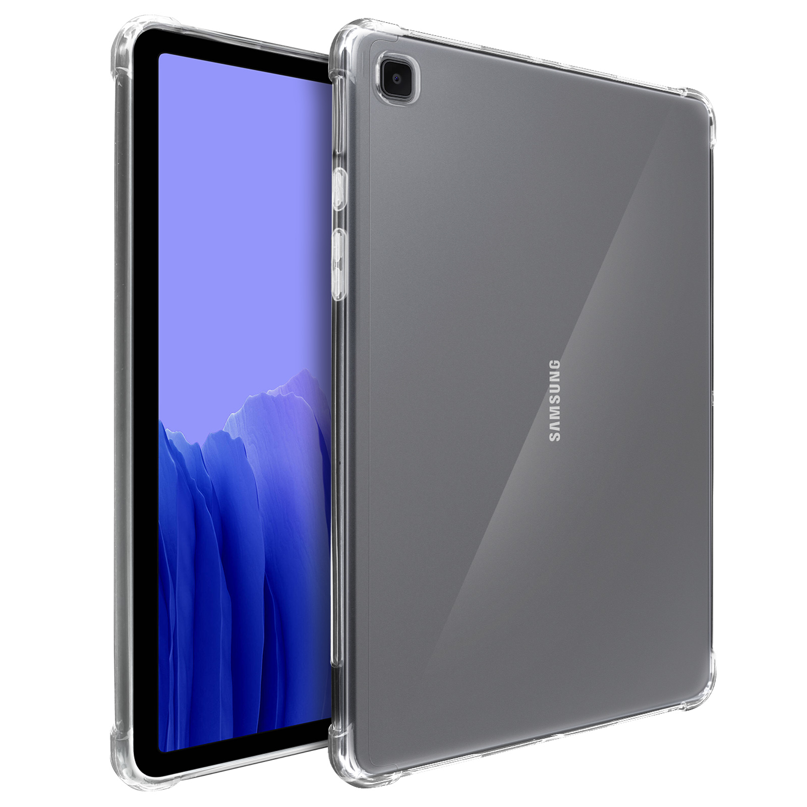 Transparente Tablethülle mit einem Tablet darin. Das Tablet zeigt ein blaues Bild.