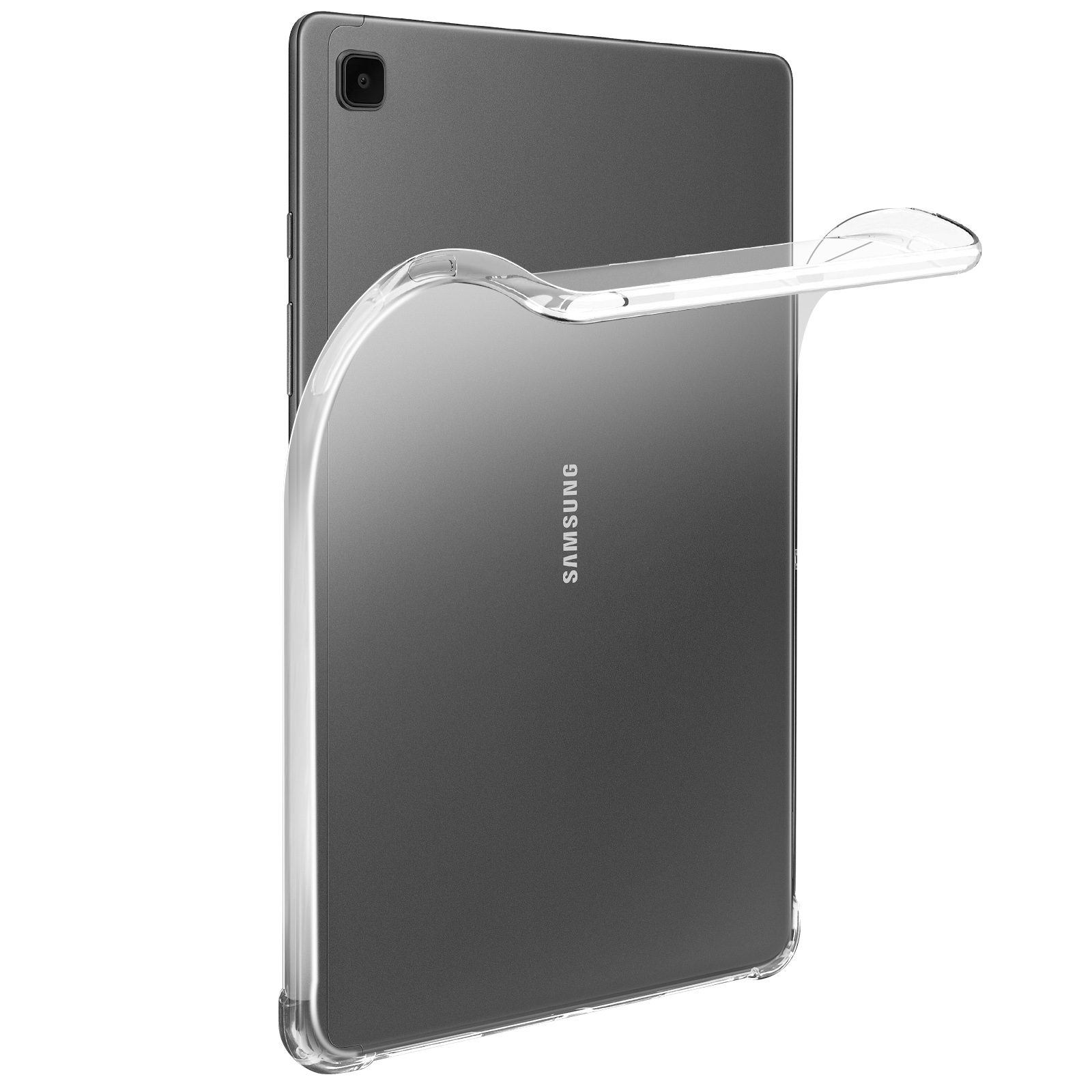 Eine transparente Schutzhülle auf einem grauen Tablet. Das Tablet ist silbern mit dem Samsung-Logo.