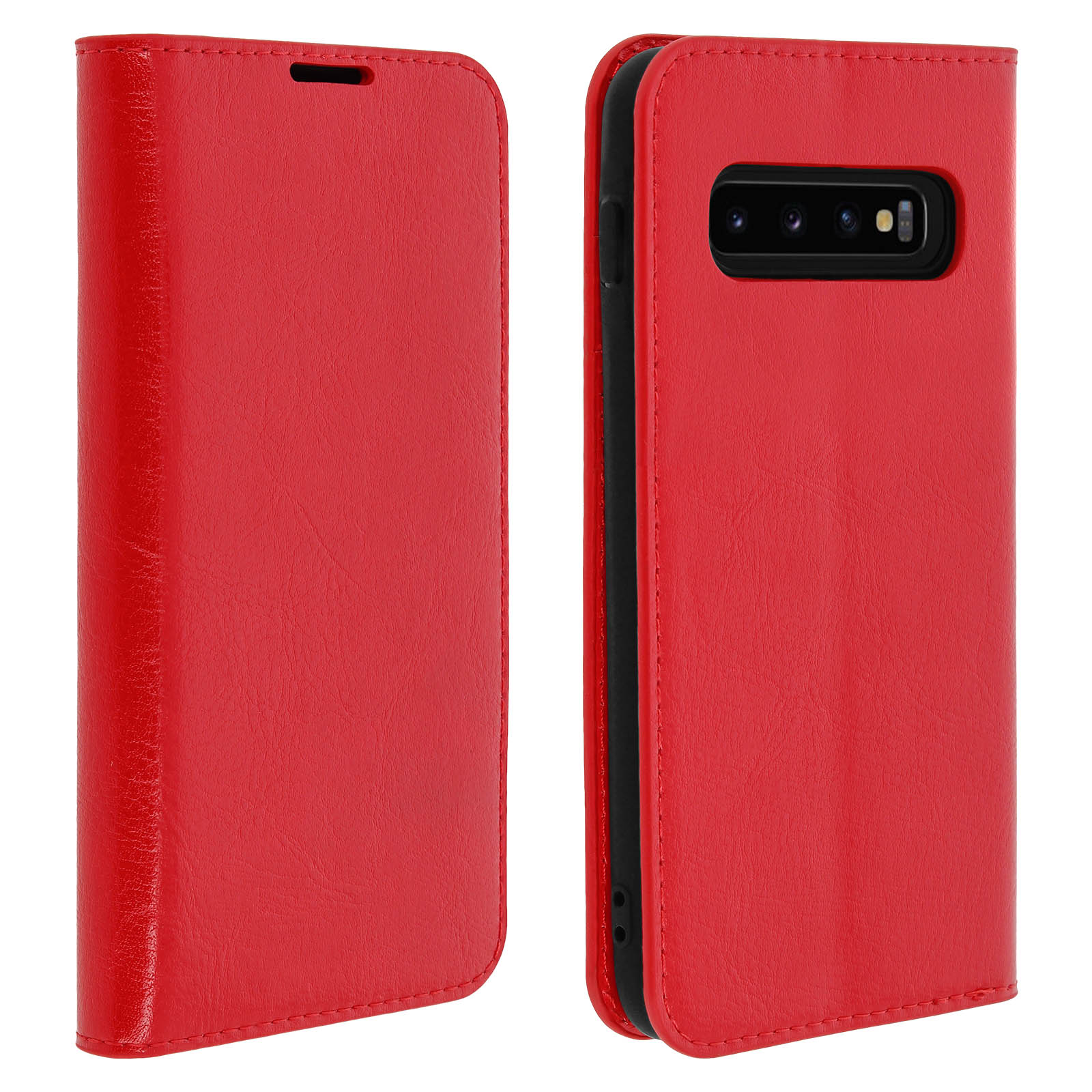Custodia per telefono in pelle rossa. La custodia è chiusa e il telefono è all'interno. La custodia è rossa.