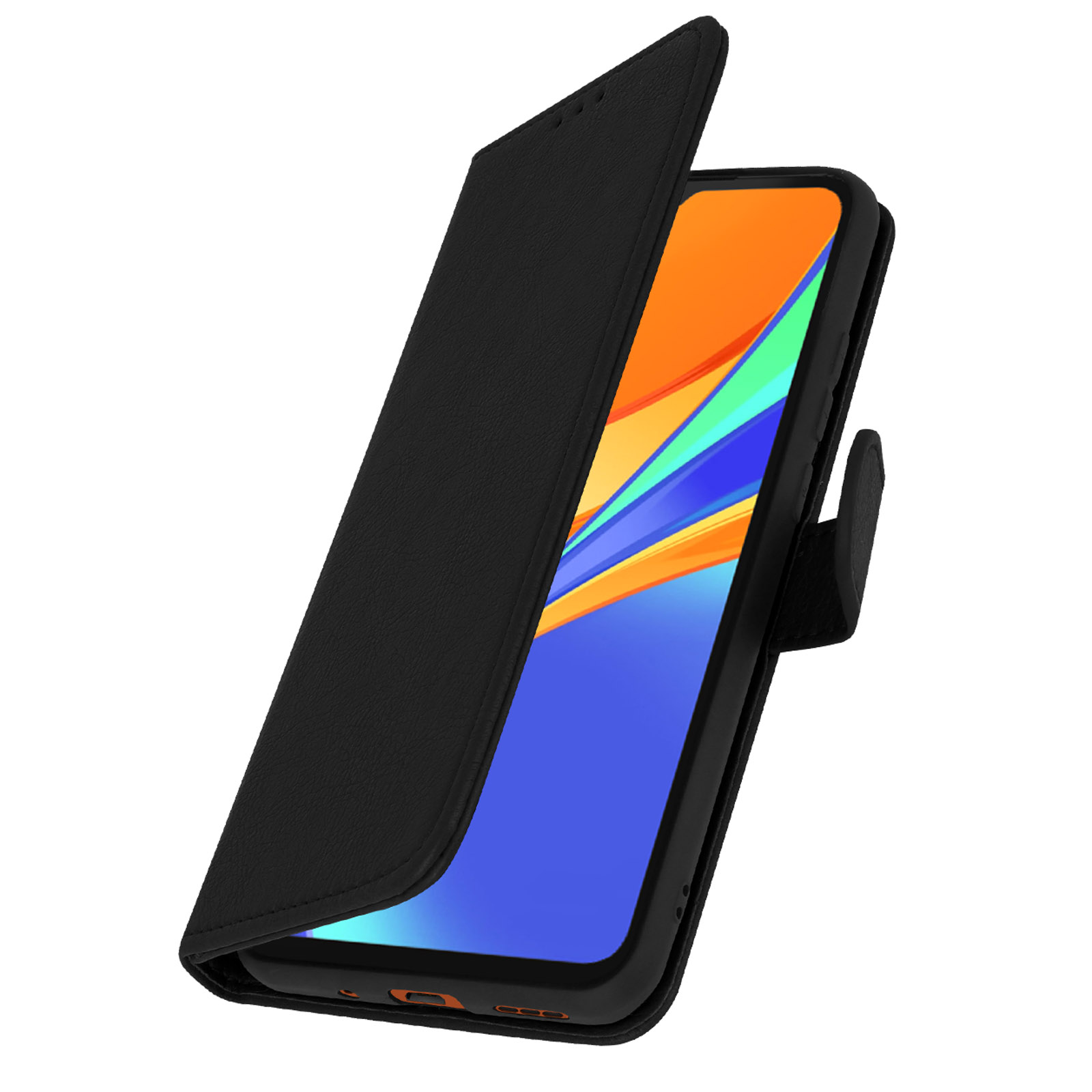 Zwarte telefoonhoes met een open flap die een telefoon laat zien. Oranje en blauw scherm.