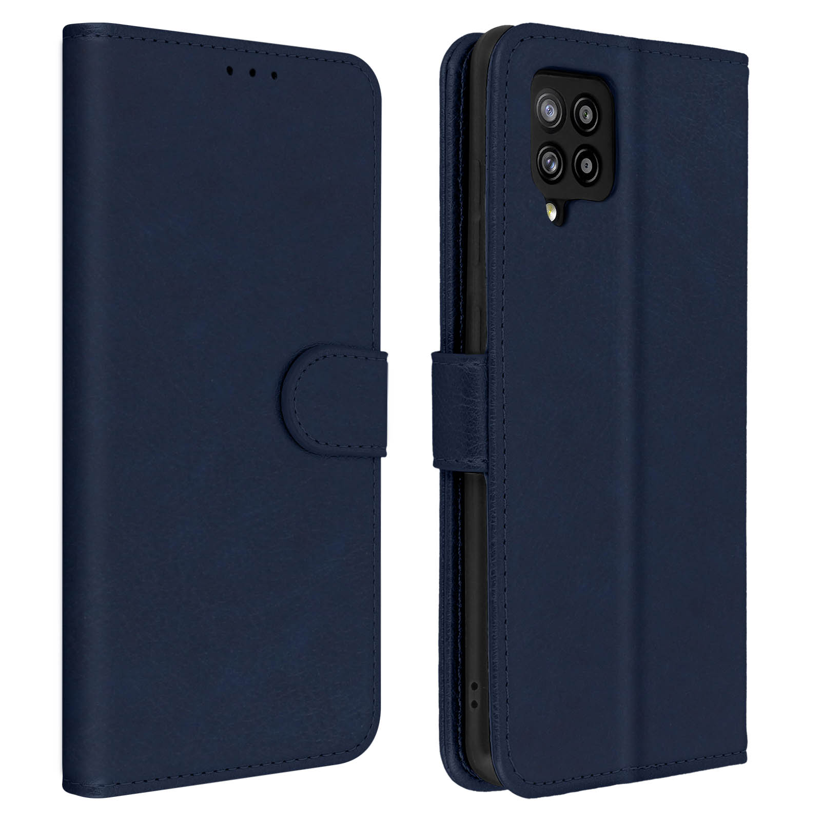 Custodia blu navy per telefono, chiusa e aperta. Fotocamera del telefono visibile. Sfondo bianco.