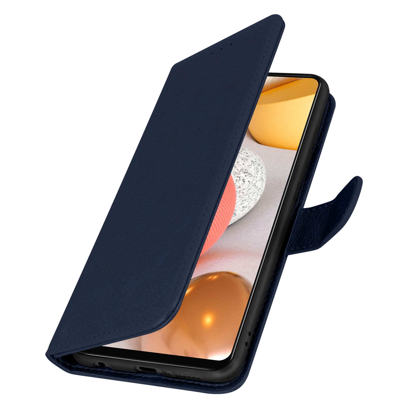 Una custodia blu navy aperta, rivela uno schermo con arte astratta.