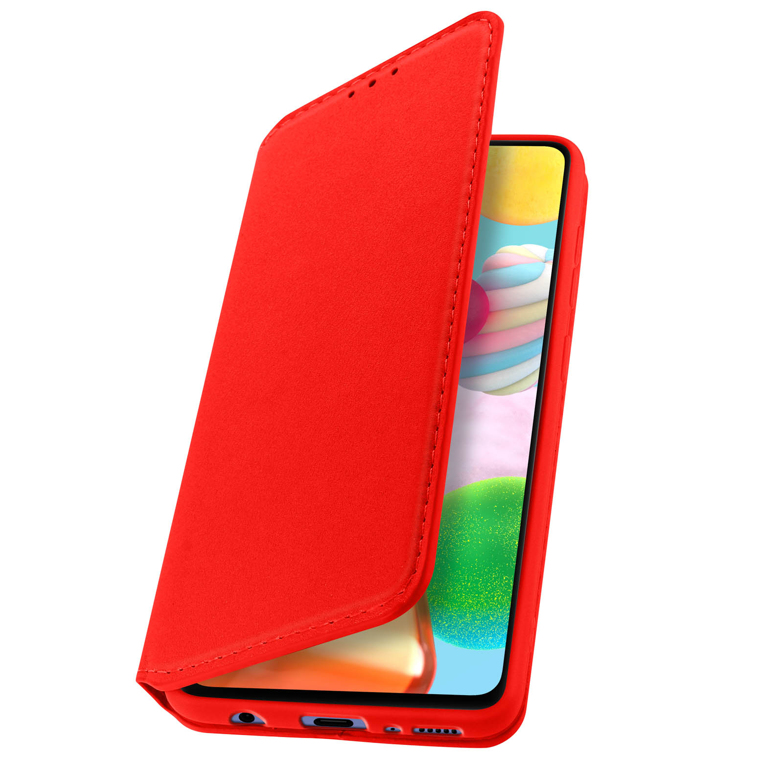 Rote Handyhülle, offen, Telefon innen zeigend. Roter Deckel mit Nähten.