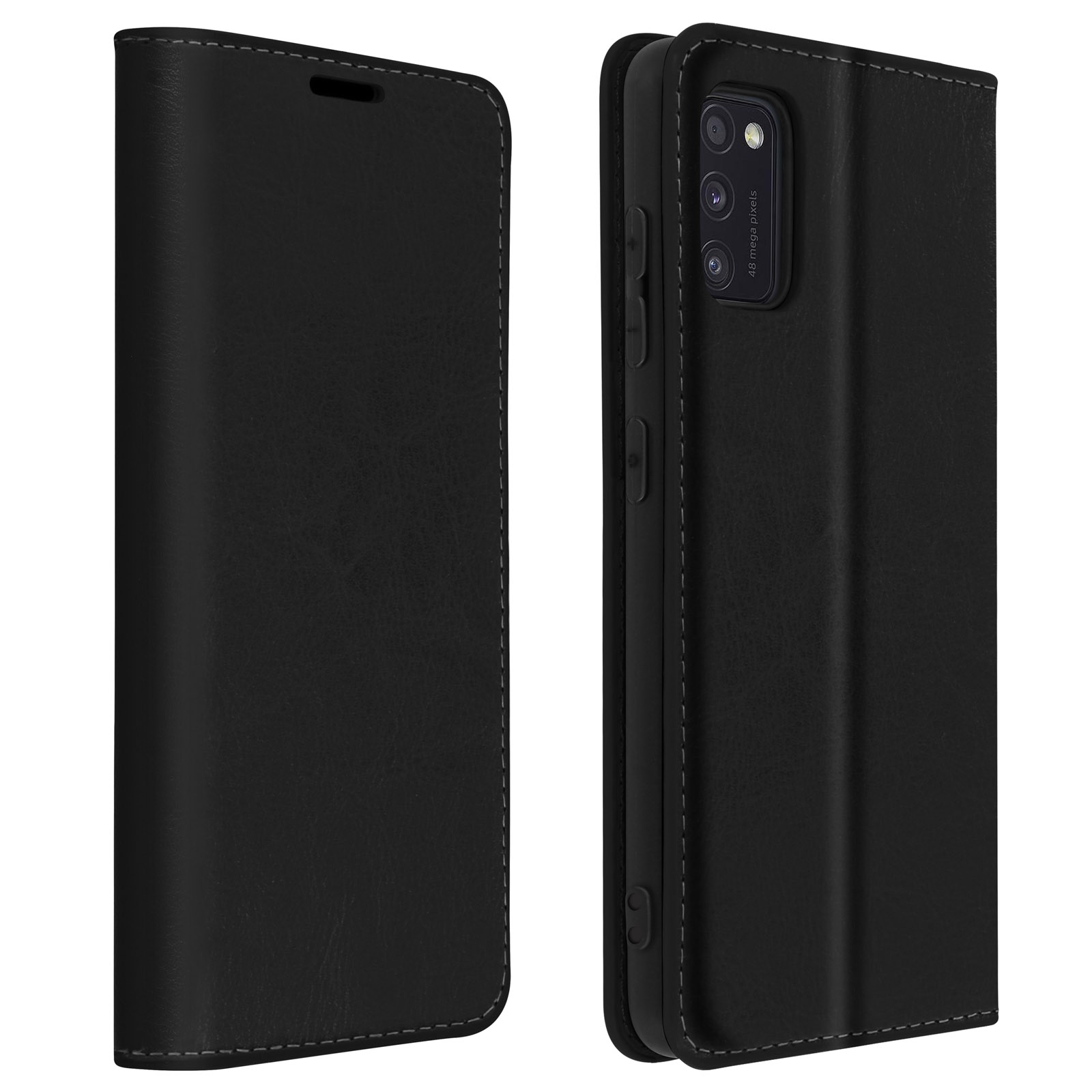 Een zwarte telefoonhoes, open. Het heeft twee zijden. De rechterkant heeft een telefoon. Stiksels zichtbaar.