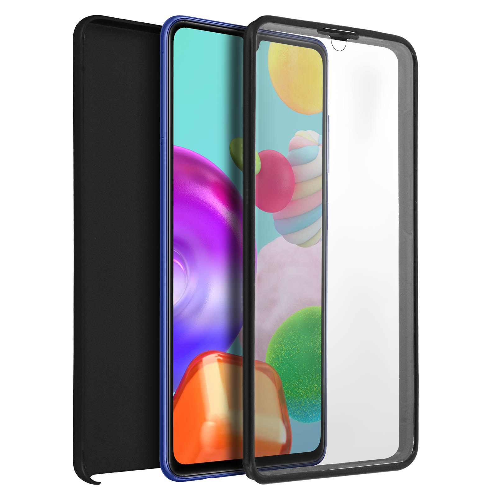 Coque de téléphone avec protecteur d'écran et dos noir. L'écran affiche l'écran du téléphone.