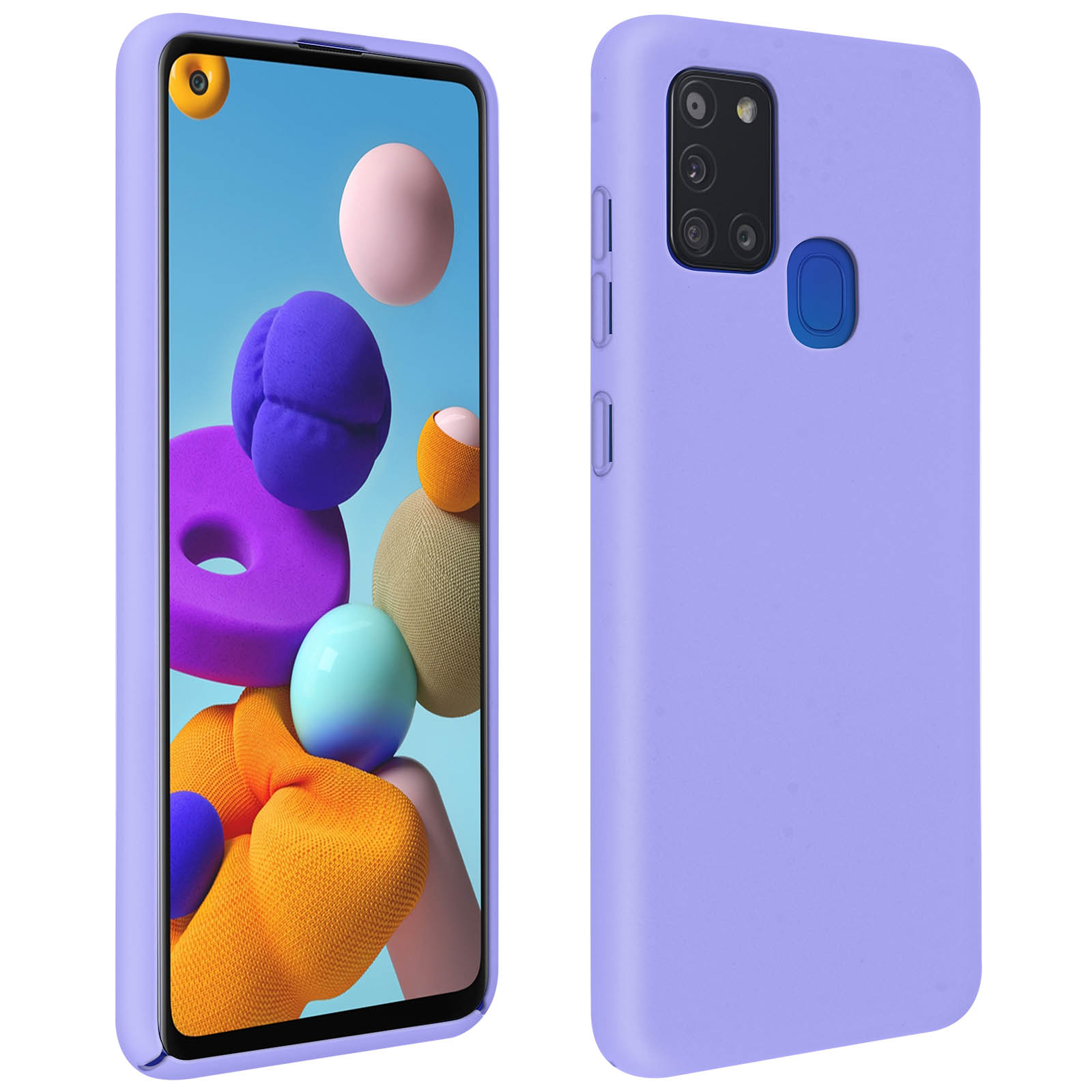 Paarse telefoonhoes, telefoon toont scherm en achterkant.