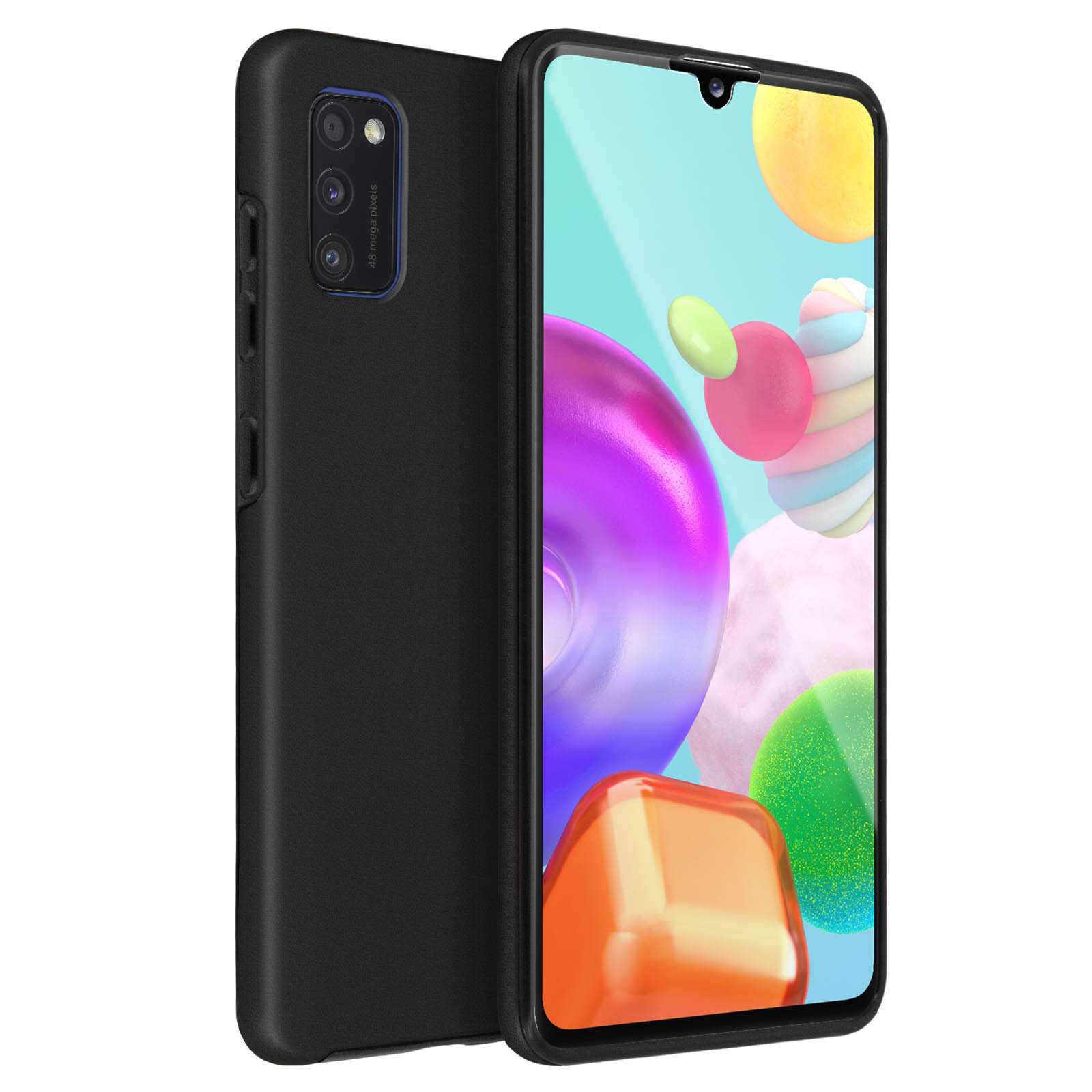 Un étui noir avec un téléphone noir à l'intérieur. L'écran affiche des formes colorées de type dessin animé.