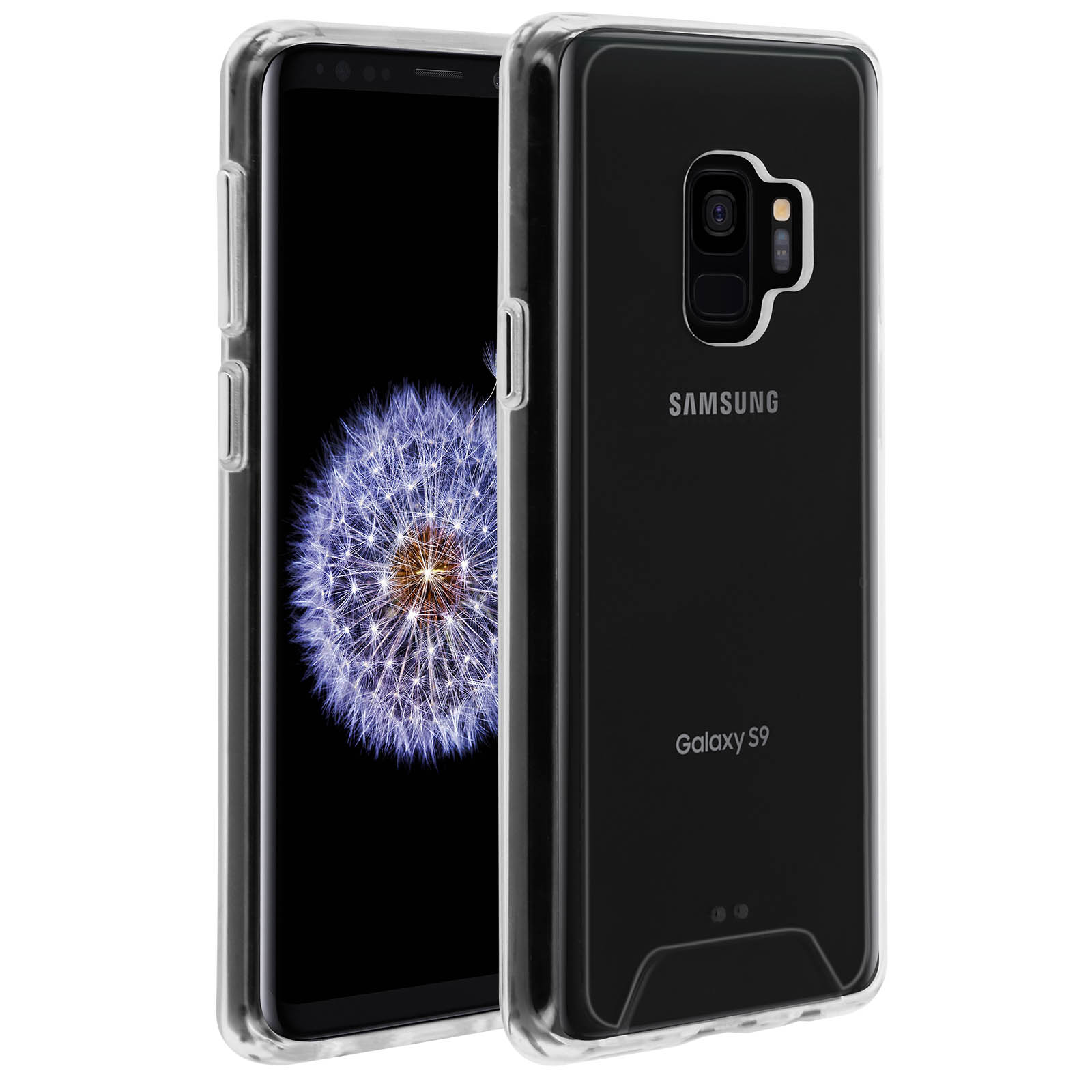 Una custodia trasparente copre un Samsung Galaxy S9 nero. La custodia è su uno sfondo bianco.