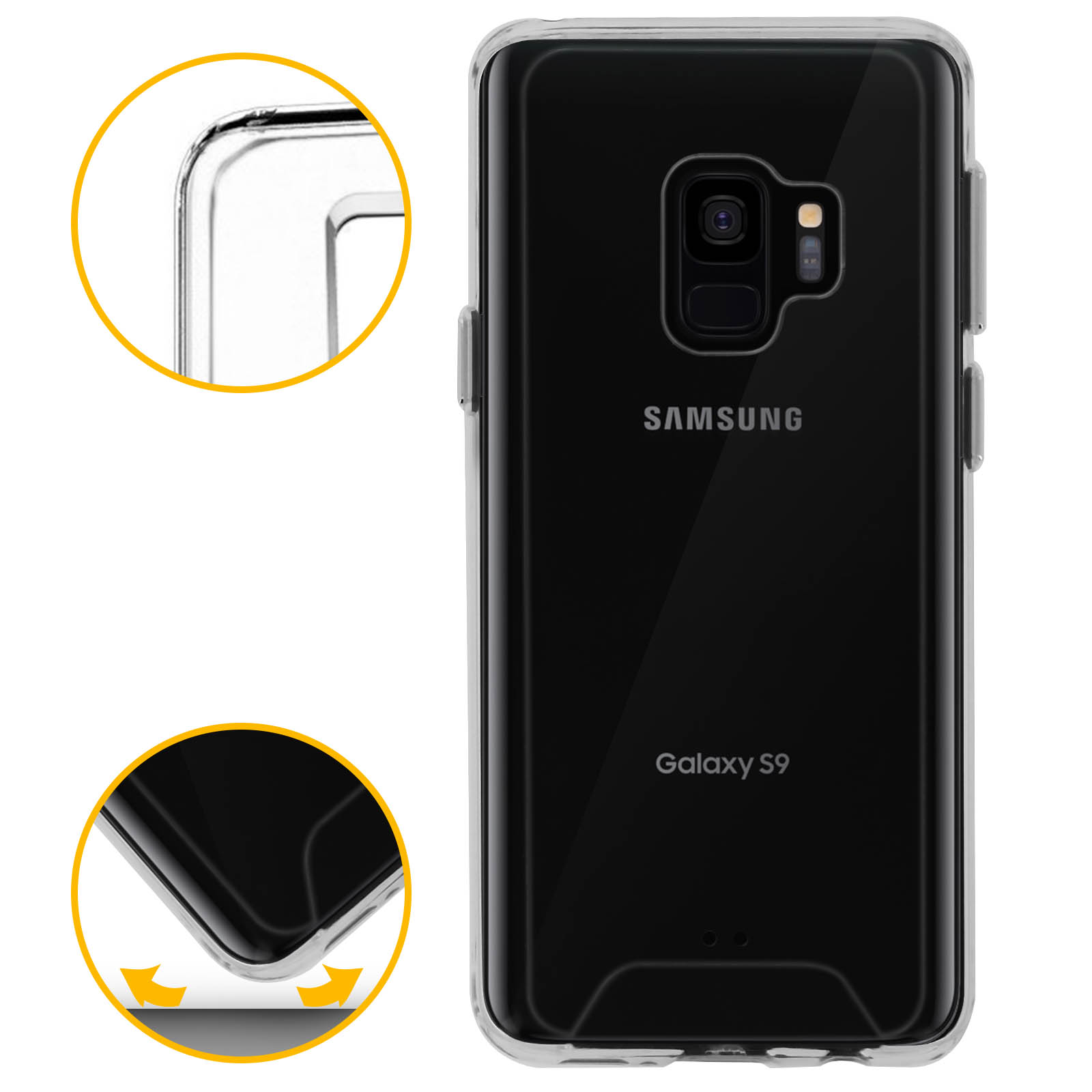Custodia trasparente per telefono su un Galaxy S9 nero. Loghi e dettagli visibili. Angoli ingranditi.