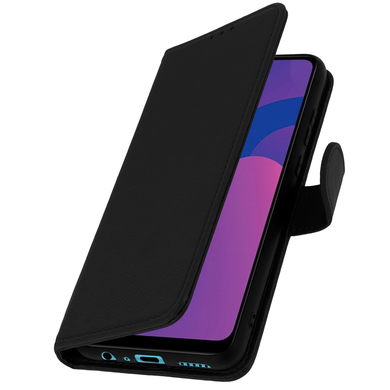 Una custodia per telefono nera aperta, che rivela un telefono con lo schermo acceso.