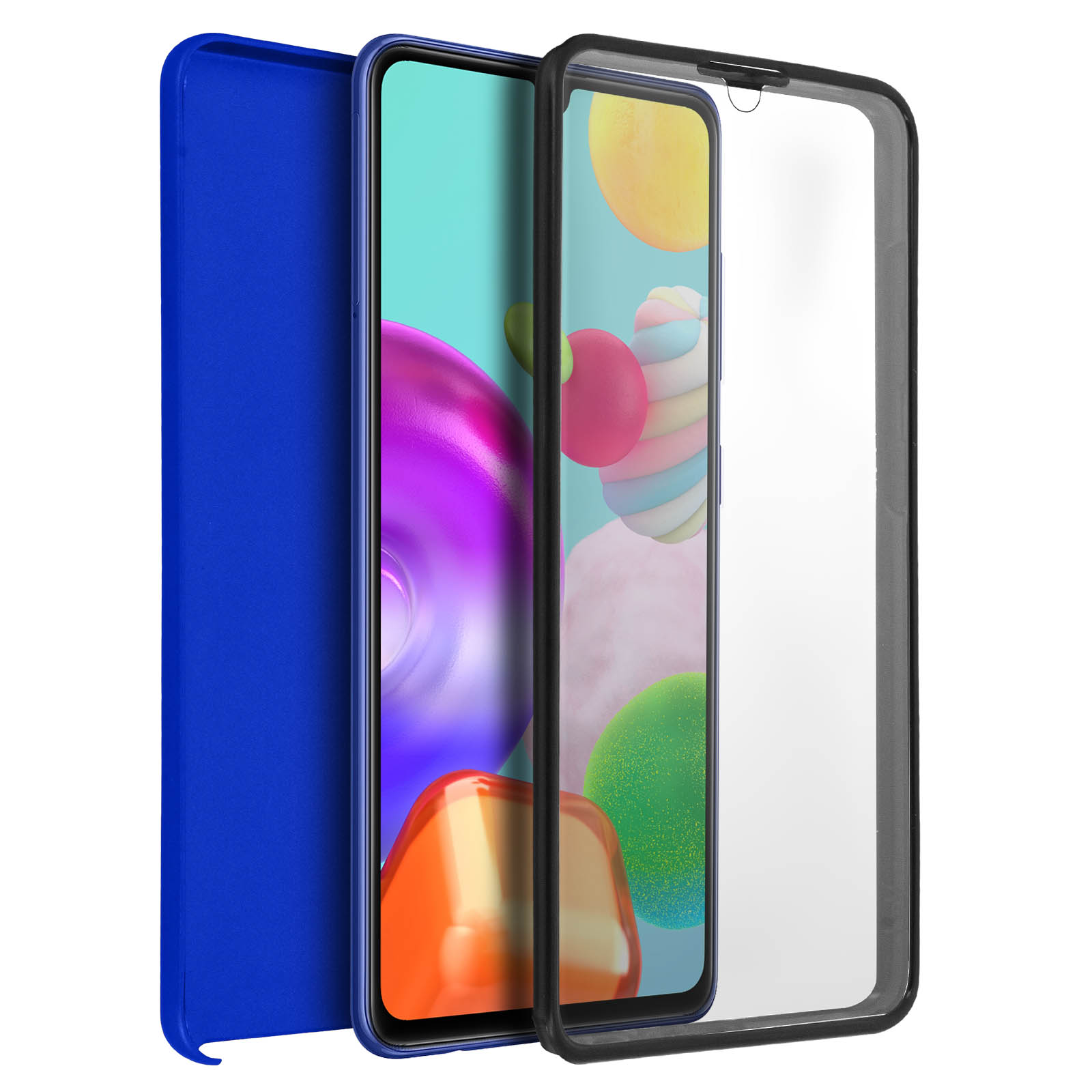 Custodia blu per telefono. Il telefono ha un display colorato e una fotocamera. La custodia è sul telefono.