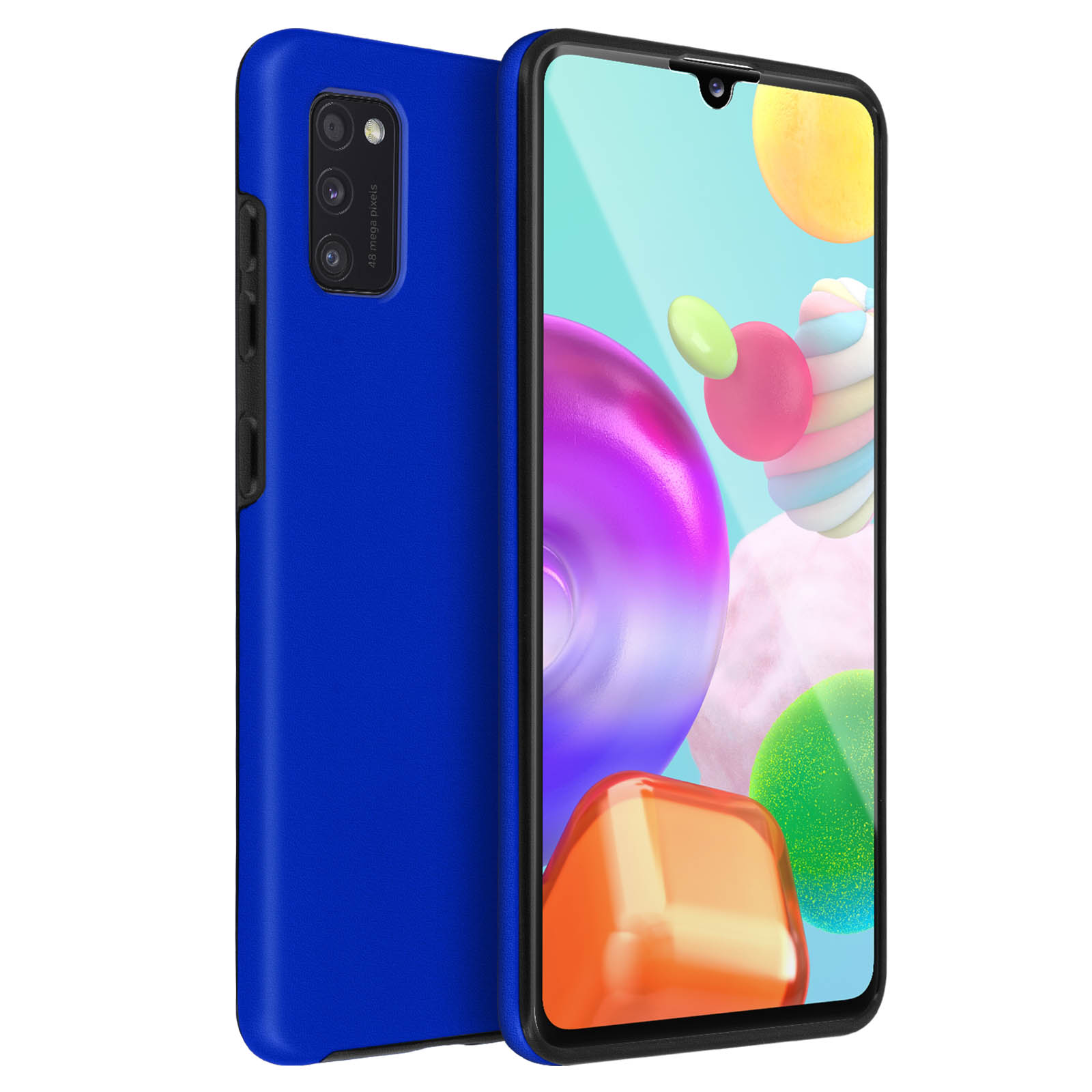 Una custodia blu per telefono con un sistema a tripla fotocamera, vista da due angolazioni.
