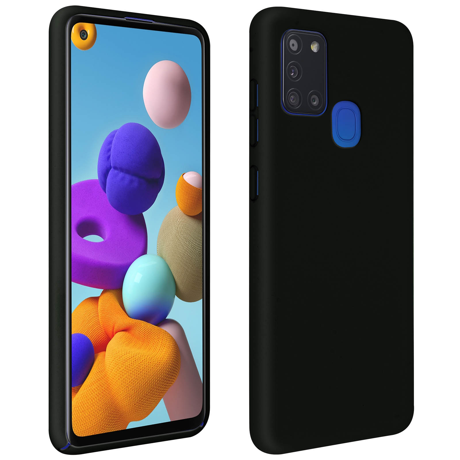 Zwarte telefoonhoes. Het scherm toont kleurrijke abstracte vormen.
