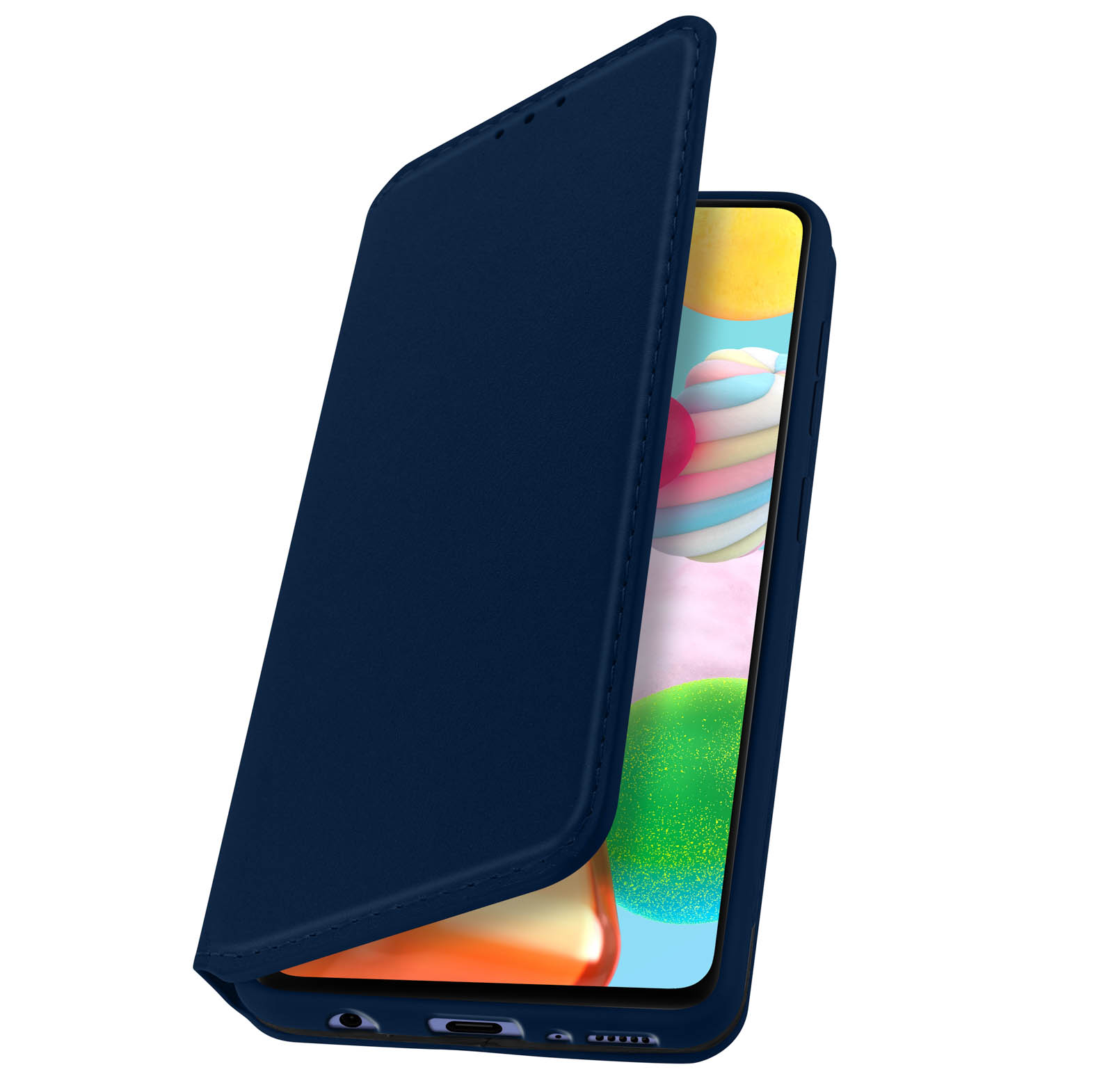 Ein Telefon in einer blauen Hülle ist geöffnet. Der Bildschirm zeigt ein Bild an. Die Hülle ist lederartig.