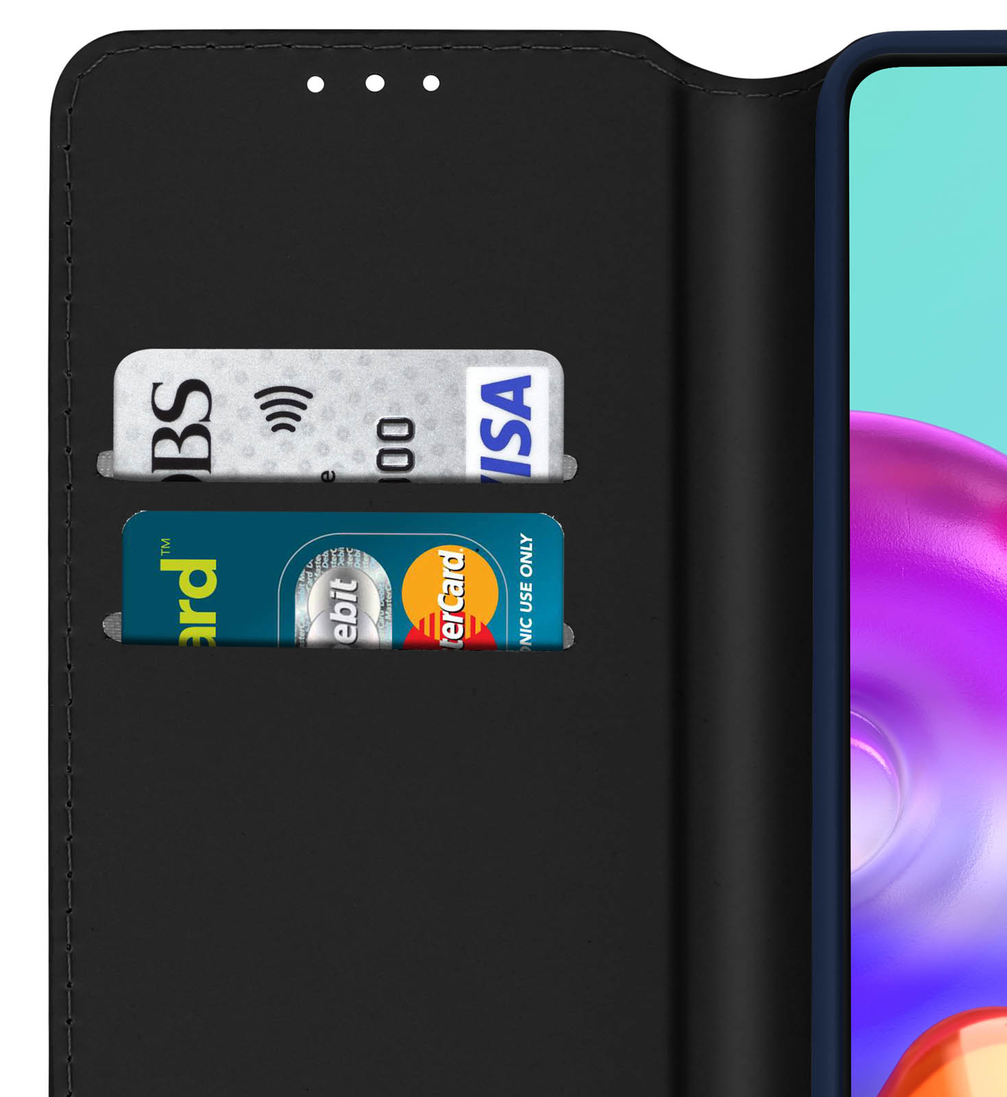 Handyhülle mit Kreditkarten und einem Telefon, schwarz und blau.