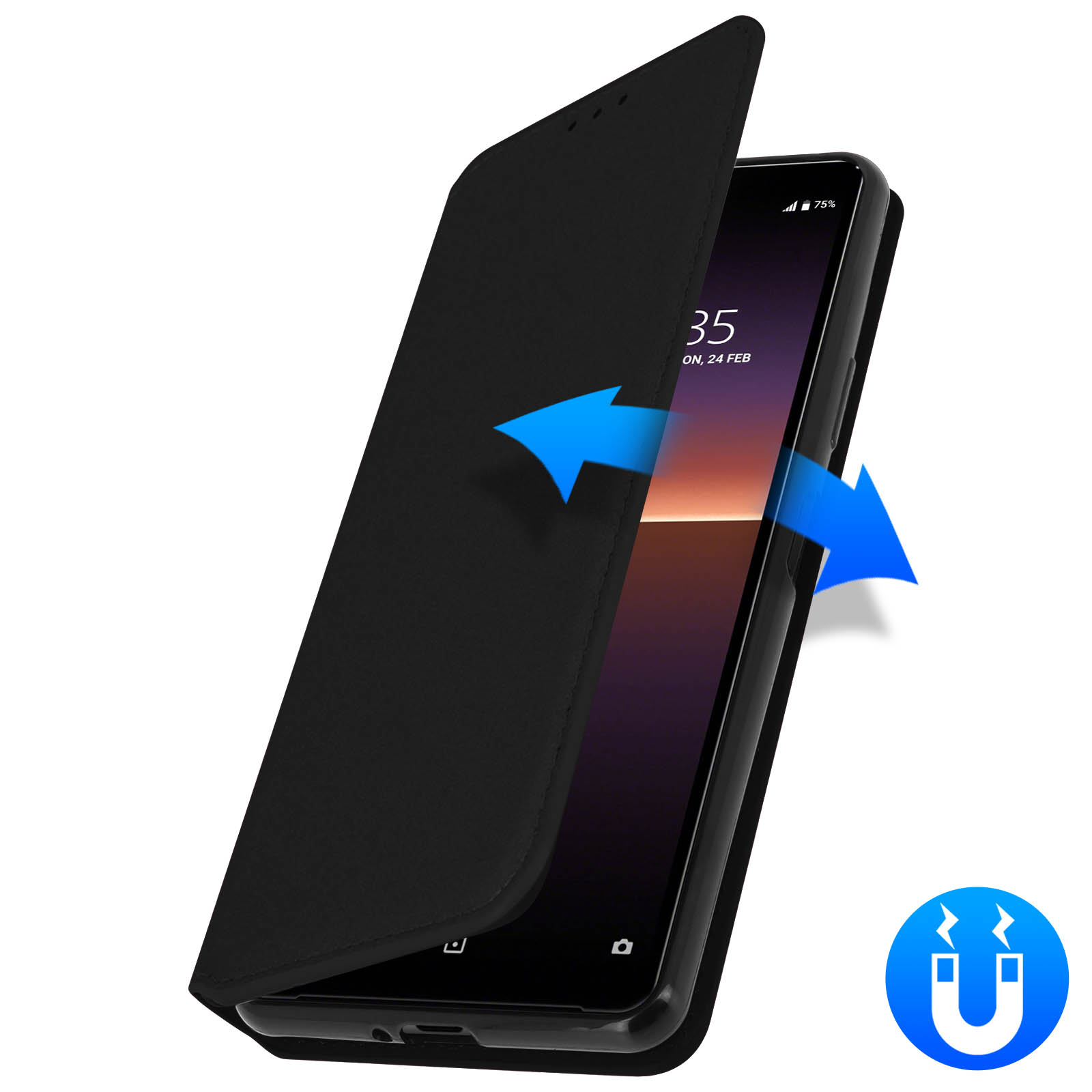 Una custodia nera per telefono è aperta, rivelando il telefono. Frecce e un'icona a calamita indicano la funzione magnetica.