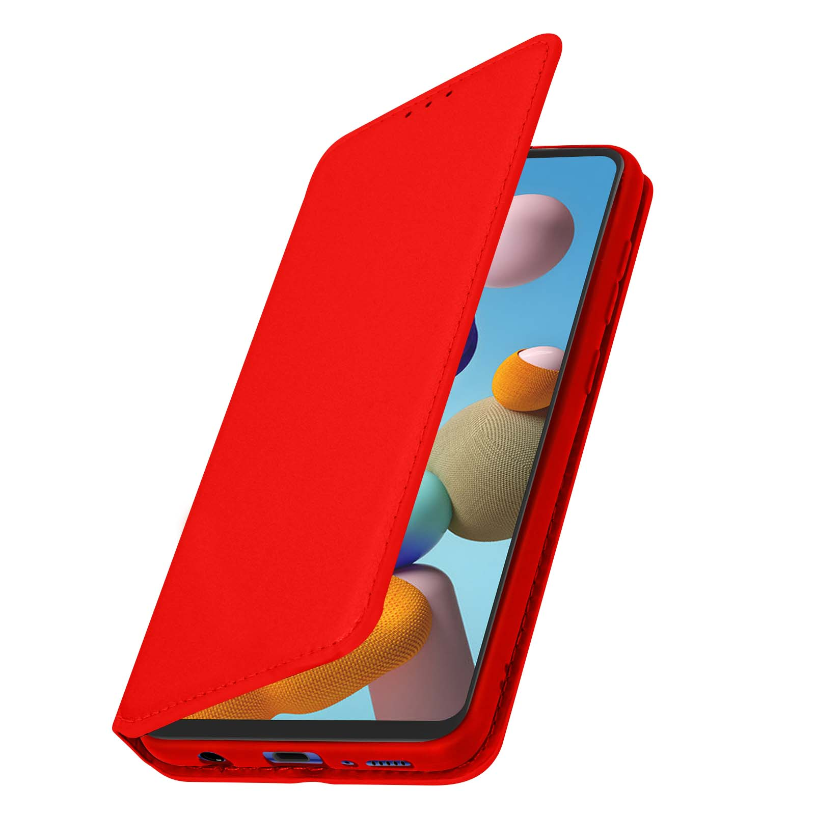 Étui de téléphone rouge avec un téléphone à l'intérieur. L'étui est ouvert. Fond blanc.