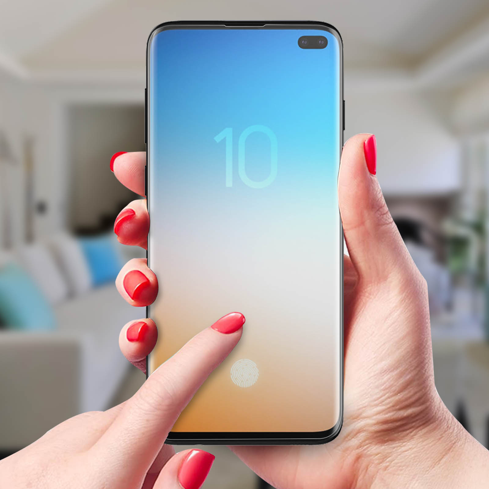 Una mano con unghie rosse tocca lo schermo del telefono. Lo schermo mostra il numero 10 e un'impronta digitale.