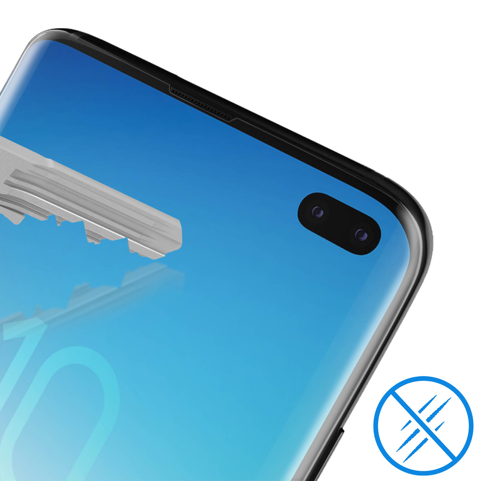 Uno schermo del telefono con un'applicazione di protezione dello schermo. Lo schermo è blu.