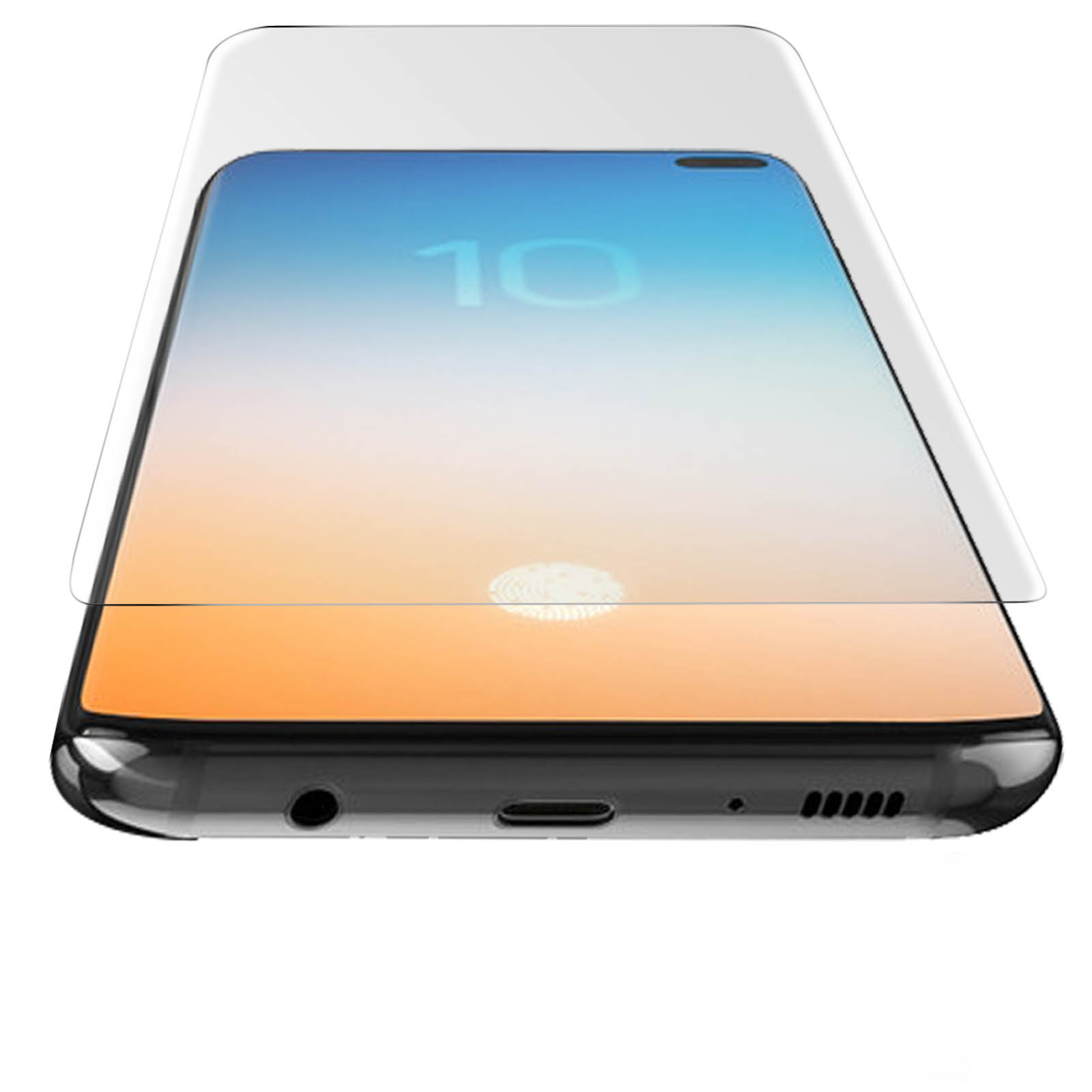 Un telefono e una protezione schermo, con schermo sfumato e icona impronta digitale.