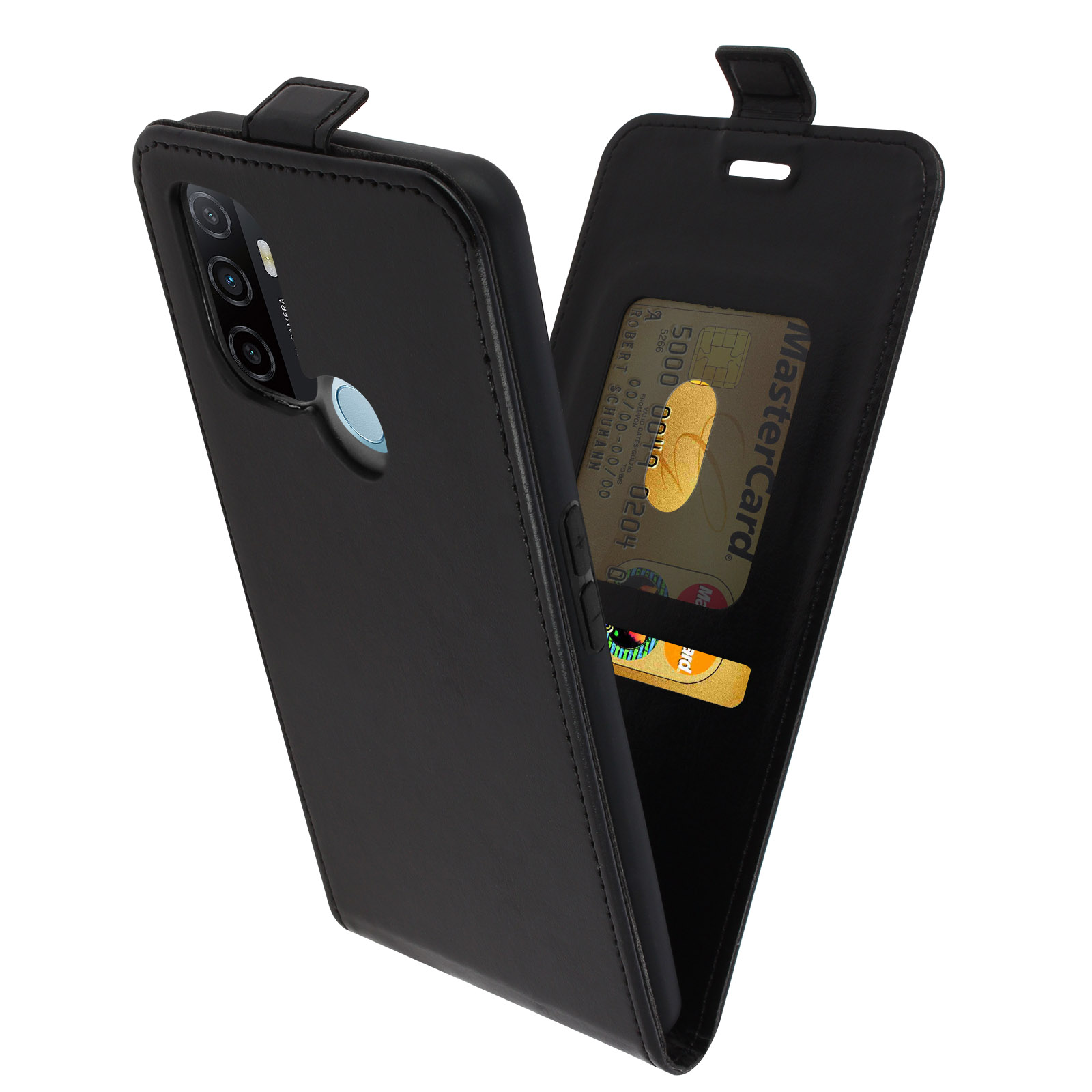 Custodia per telefono nera aperta, che rivela carte di credito e contanti. La custodia è nera.
