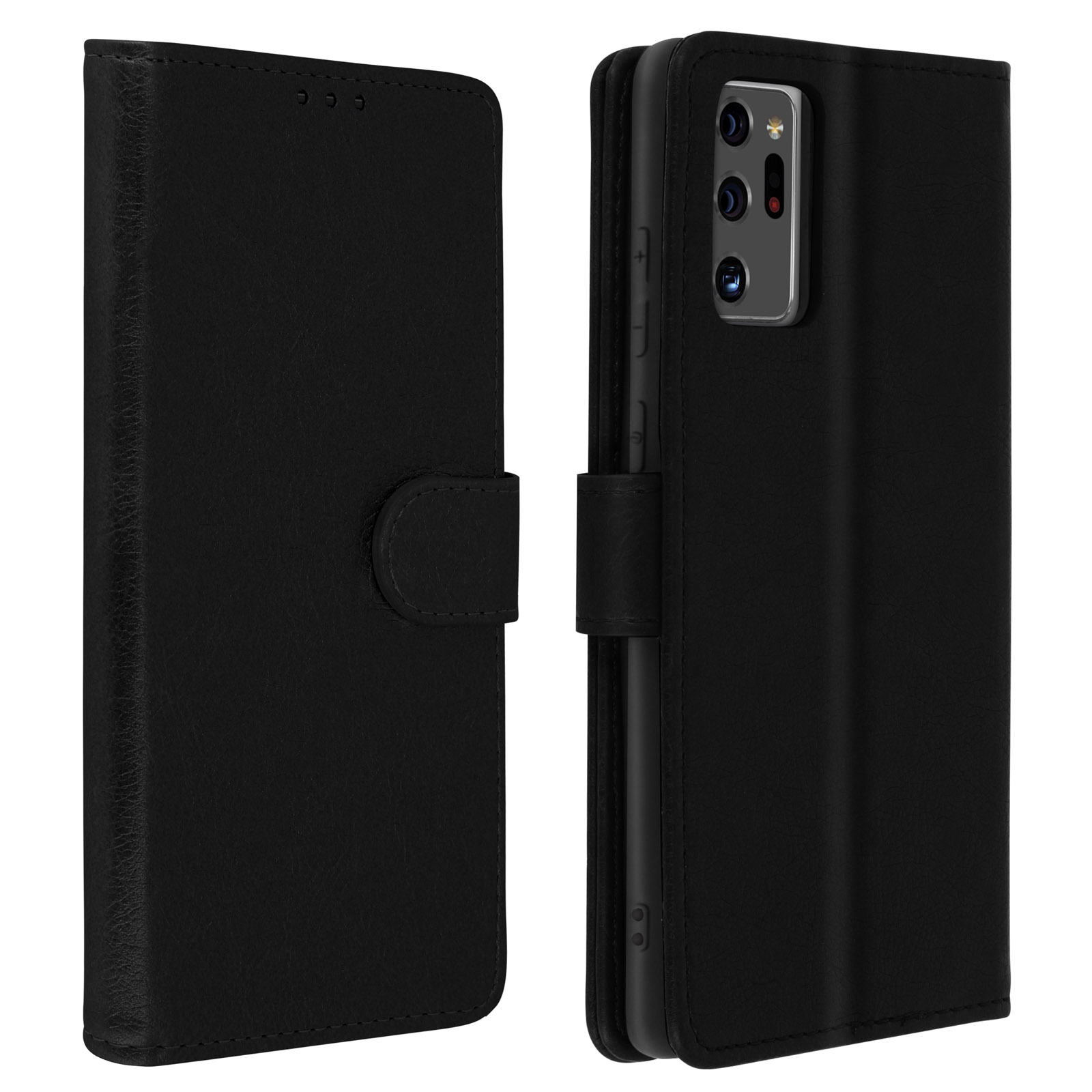 Deux coques de téléphone noires. La coque ouverte montre un téléphone avec trois caméras. Fermeture à bouton noire.