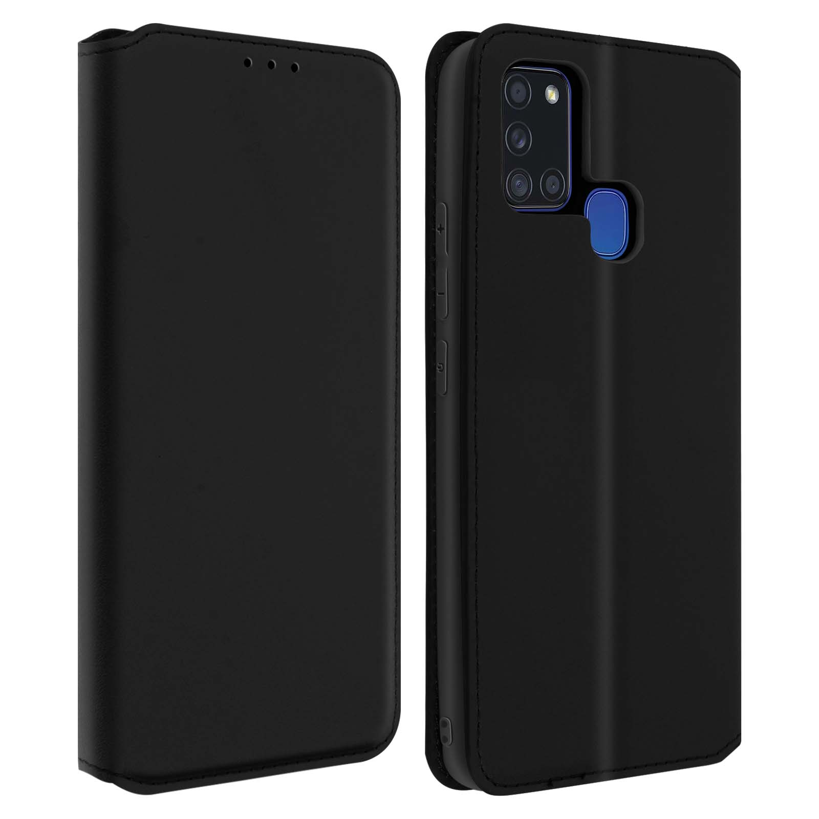 Étui de téléphone noir. C'est un étui de type portefeuille, ouvert avec un téléphone à l'intérieur.