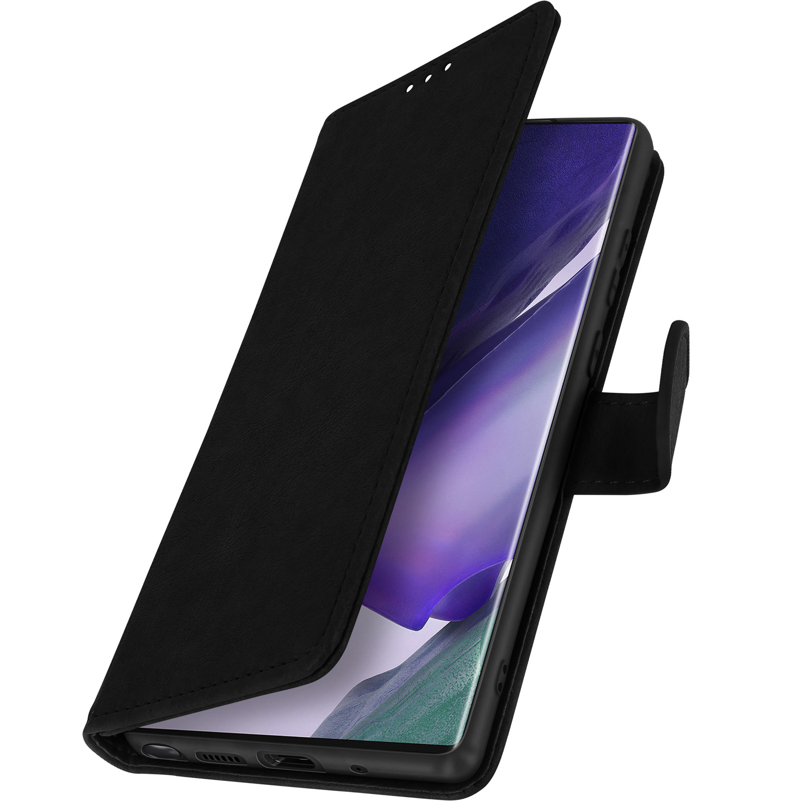 Téléphone noir avec un étui de style portefeuille noir. L'étui est ouvert, révélant l'écran.