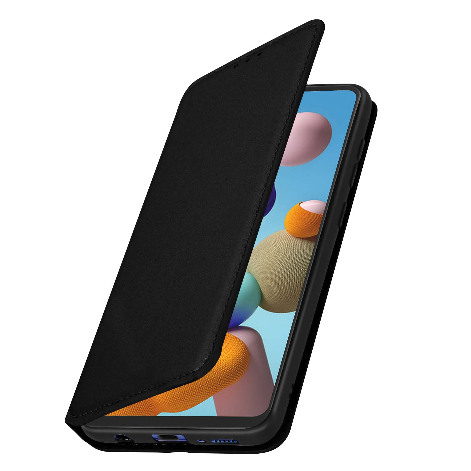 Étui de téléphone noir ouvert révélant le téléphone. Le téléphone a un fond rose et orange.