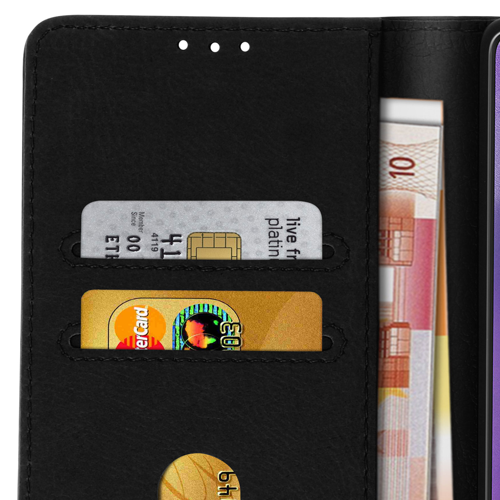 Étui de téléphone ouvert avec cartes de crédit et argent. Cuir noir.