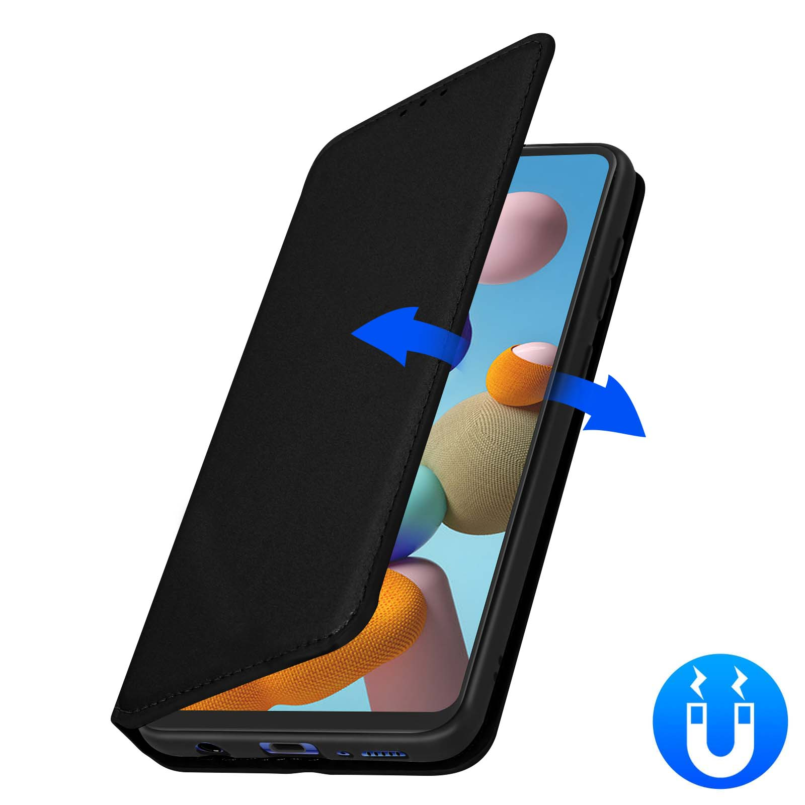 Coque de téléphone noire ouverte, avec des flèches bleues pointant vers l'écran. Symbole magnétique visible.