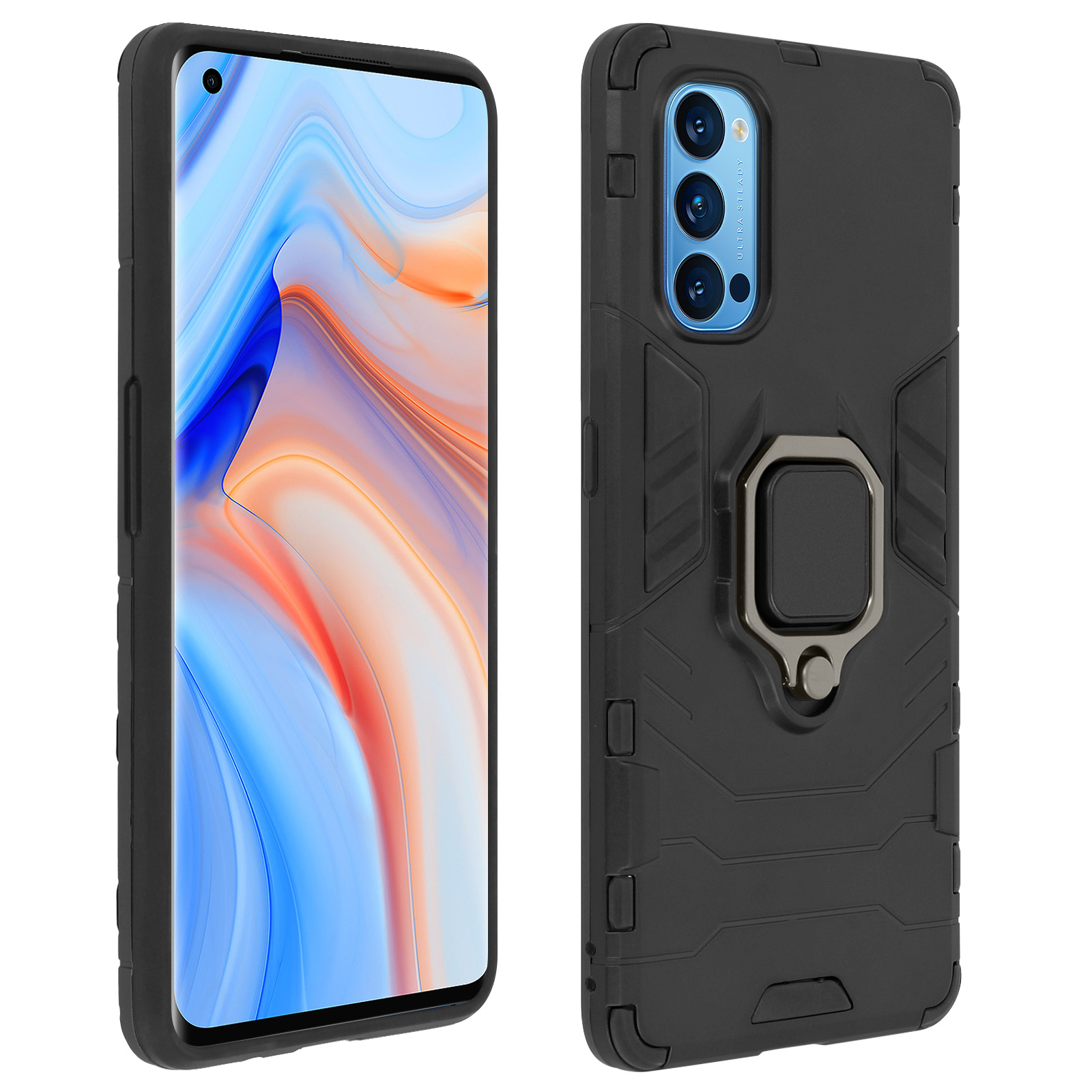 Coque de téléphone noire, vue latérale, avec support annulaire. Le téléphone est dans la coque.