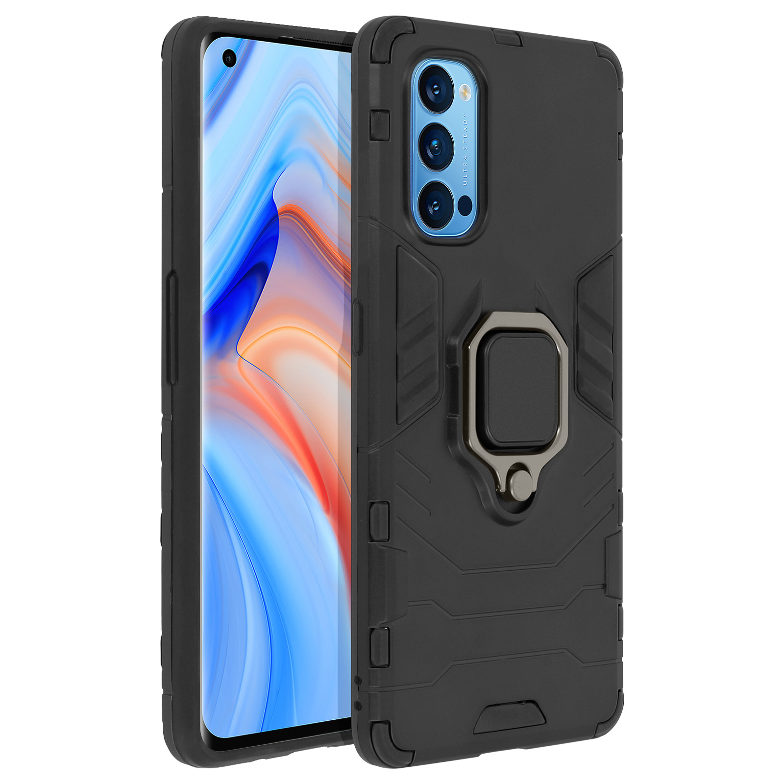 Coque noire avec support à anneau. L'écran du téléphone affiche une image colorée.