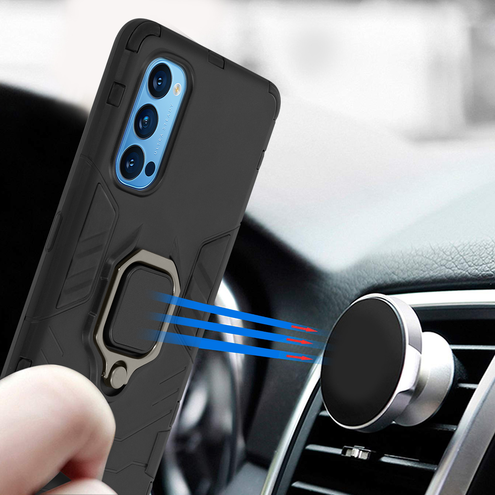 Coque de téléphone noire avec anneau argenté montée sur une grille d'aération. Téléphone tenu par une main.