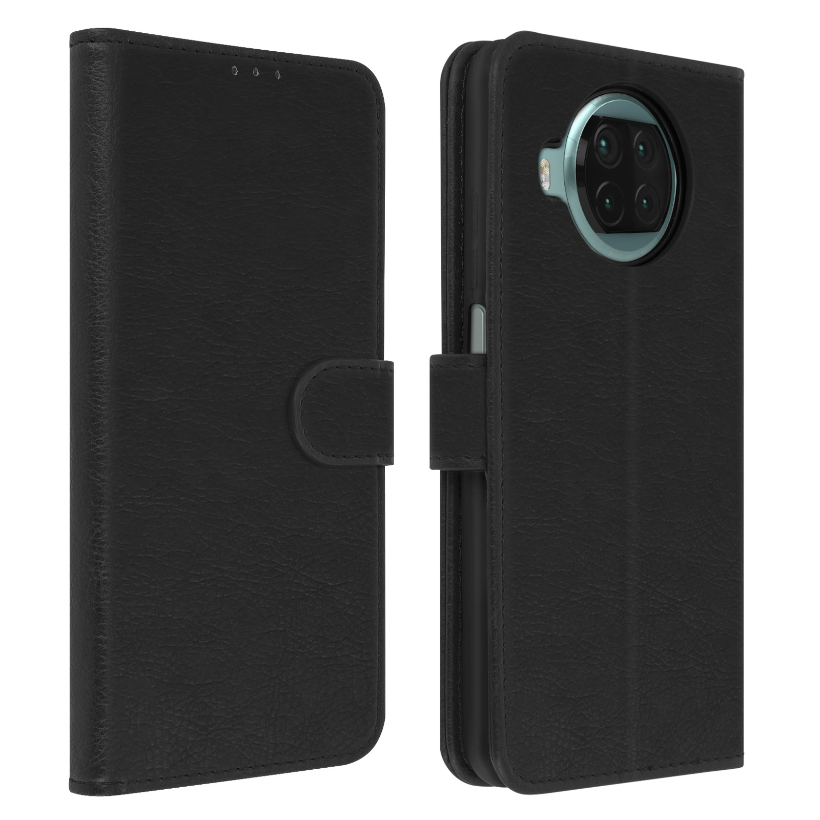 Coque de téléphone noire ouverte. Le téléphone est dedans. Rabat et fentes pour cartes.