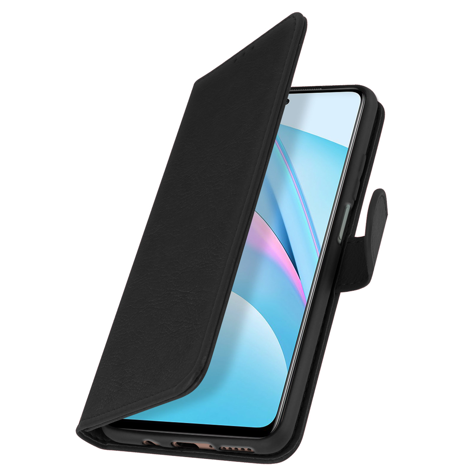 Étui de téléphone noir avec écran ouvert, montrant l'écran. Fond blanc.