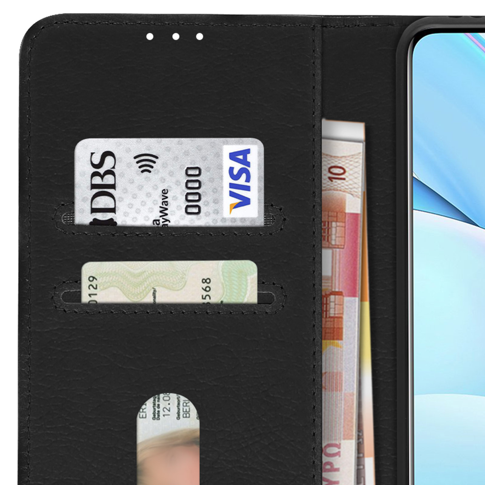 Un étui de téléphone noir avec des cartes à l'intérieur. Comprend une carte Visa et de l'argent.