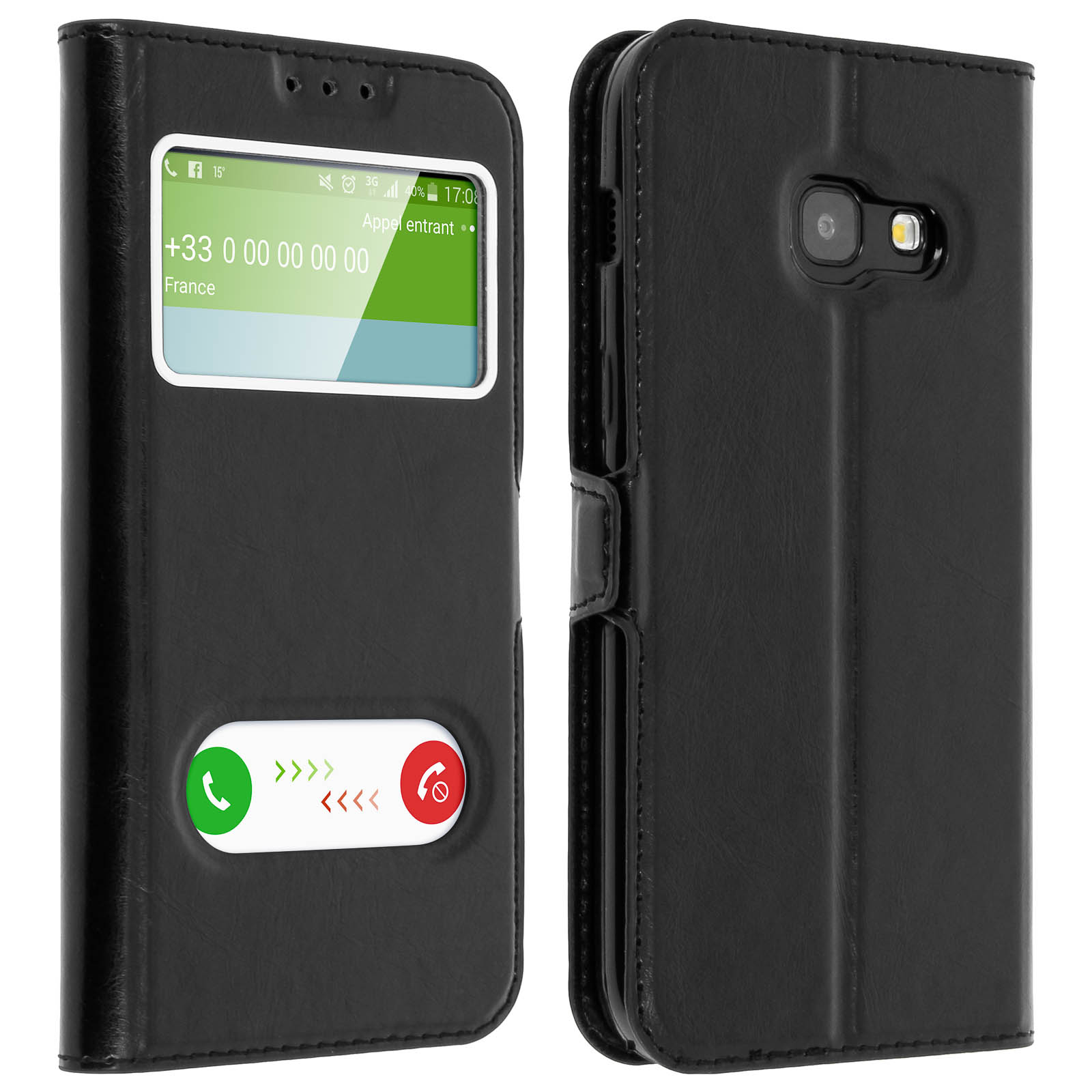 Custodia nera per telefono aperta, che mostra un telefono. Il telefono ha uno schermo e lo schermo mostra un'interfaccia di chiamata.